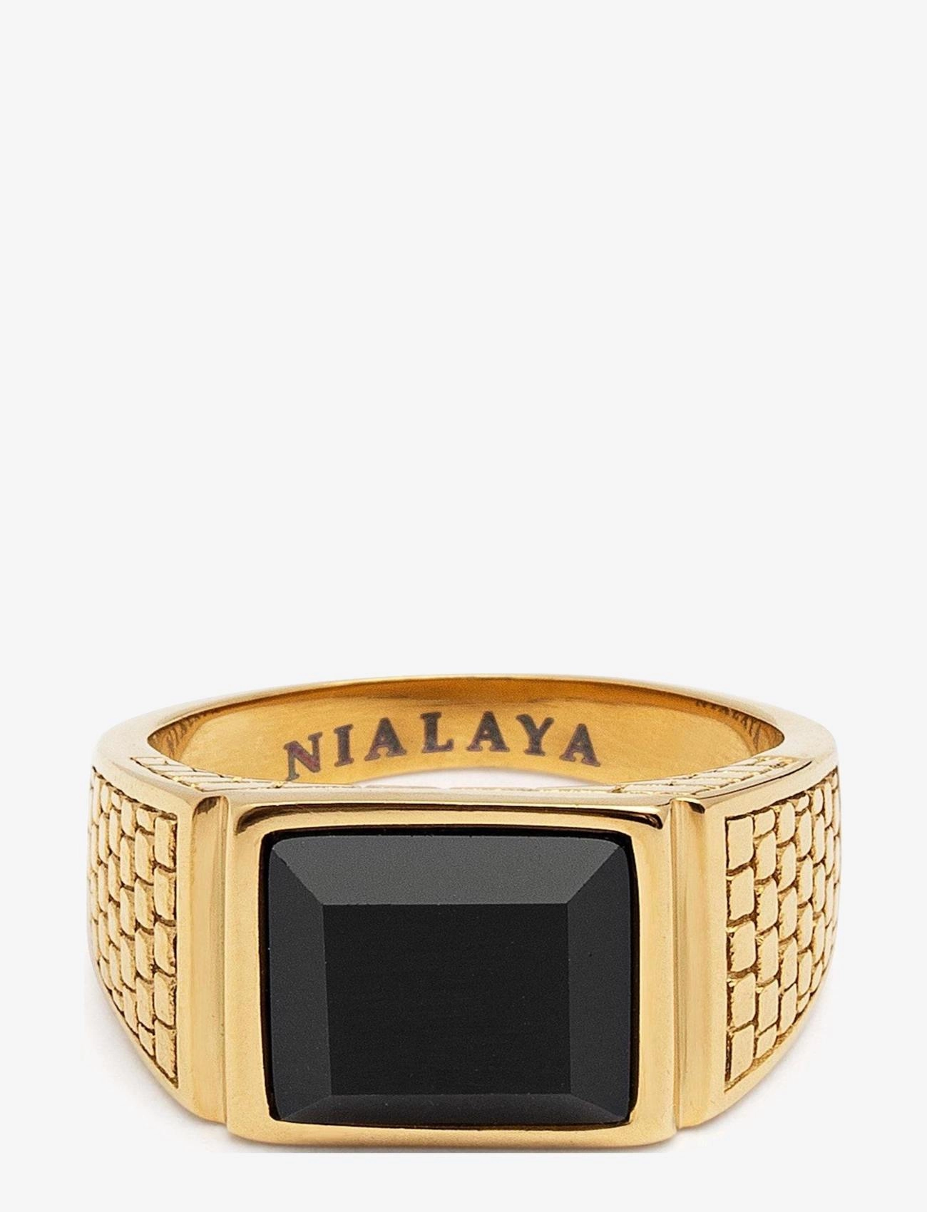 Nialaya Men's Golden Brick Signet Ring with Agate - Aksessuaarid - GOLD / BLACK / gold