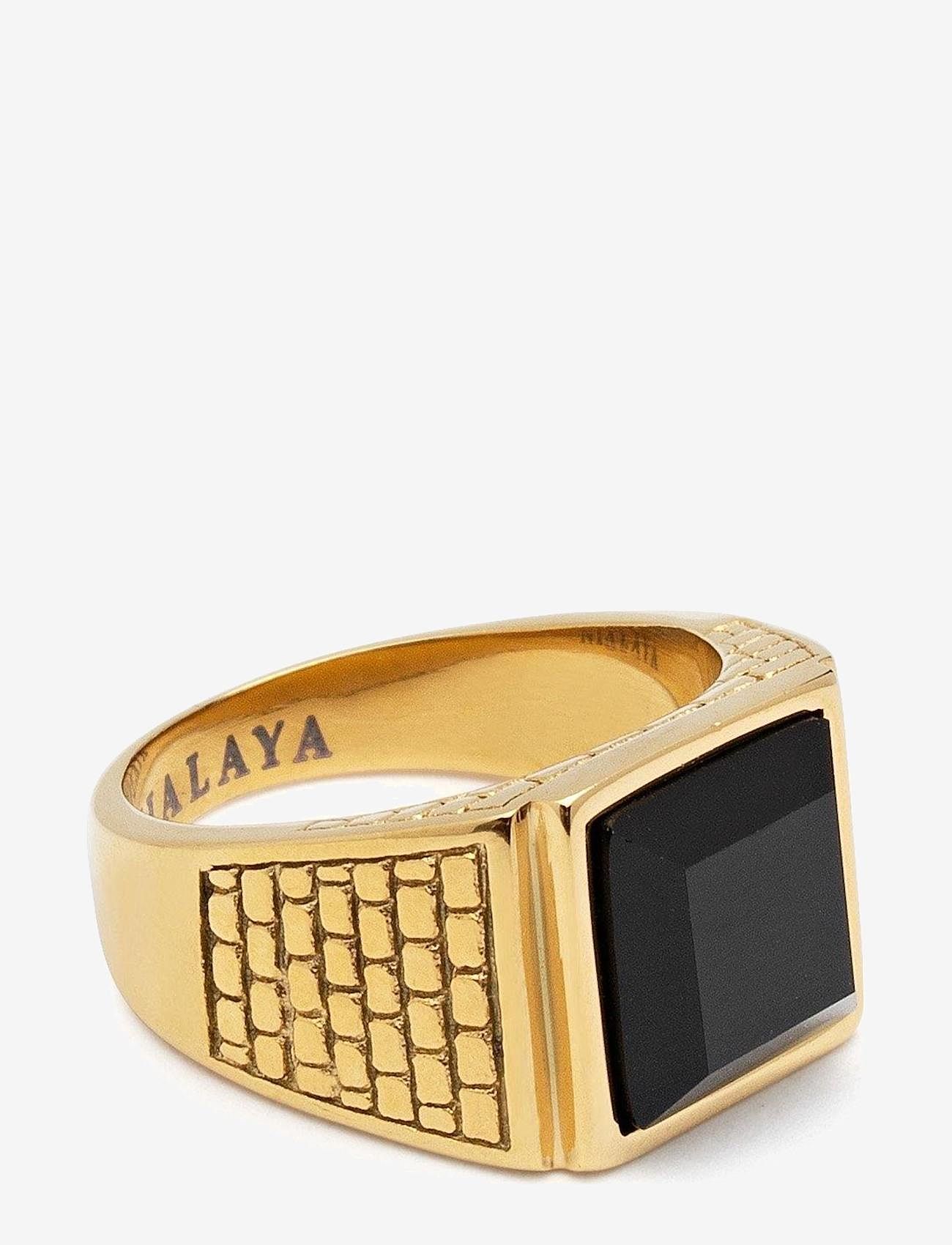 Nialaya - Men's Golden Brick Signet Ring with Agate - ringe - gold / black - 2
