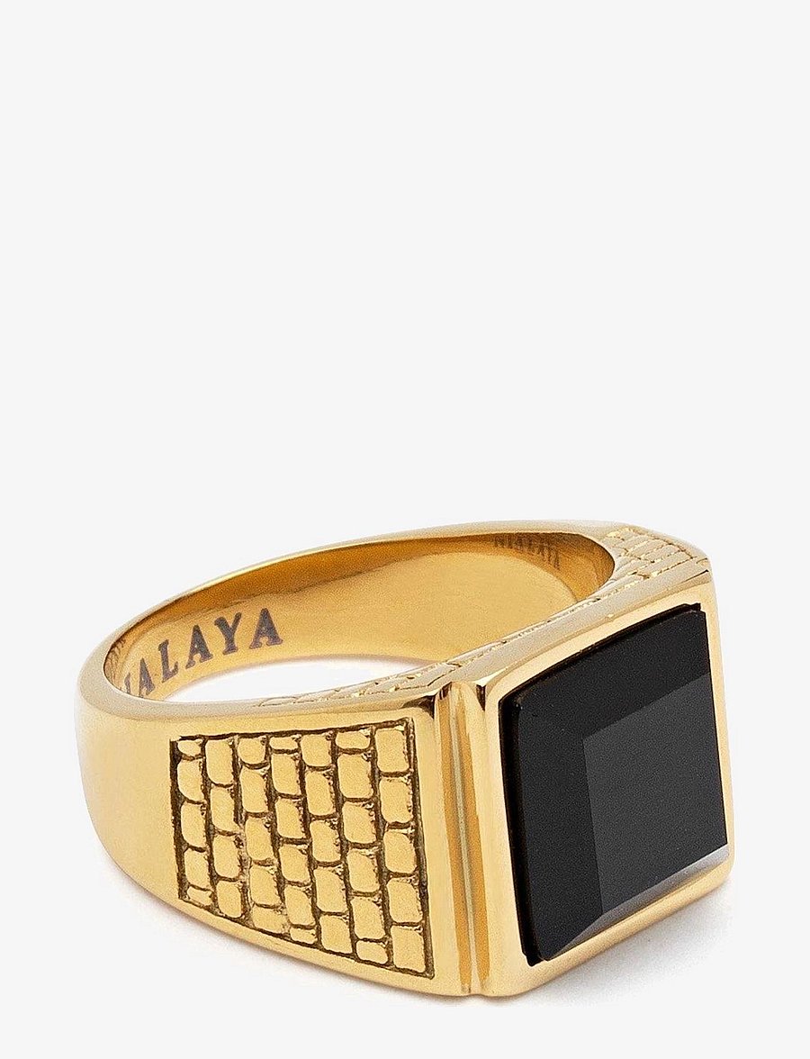 Nialaya - Men's Golden Brick Signet Ring with Agate - hringir - gold / black - 2