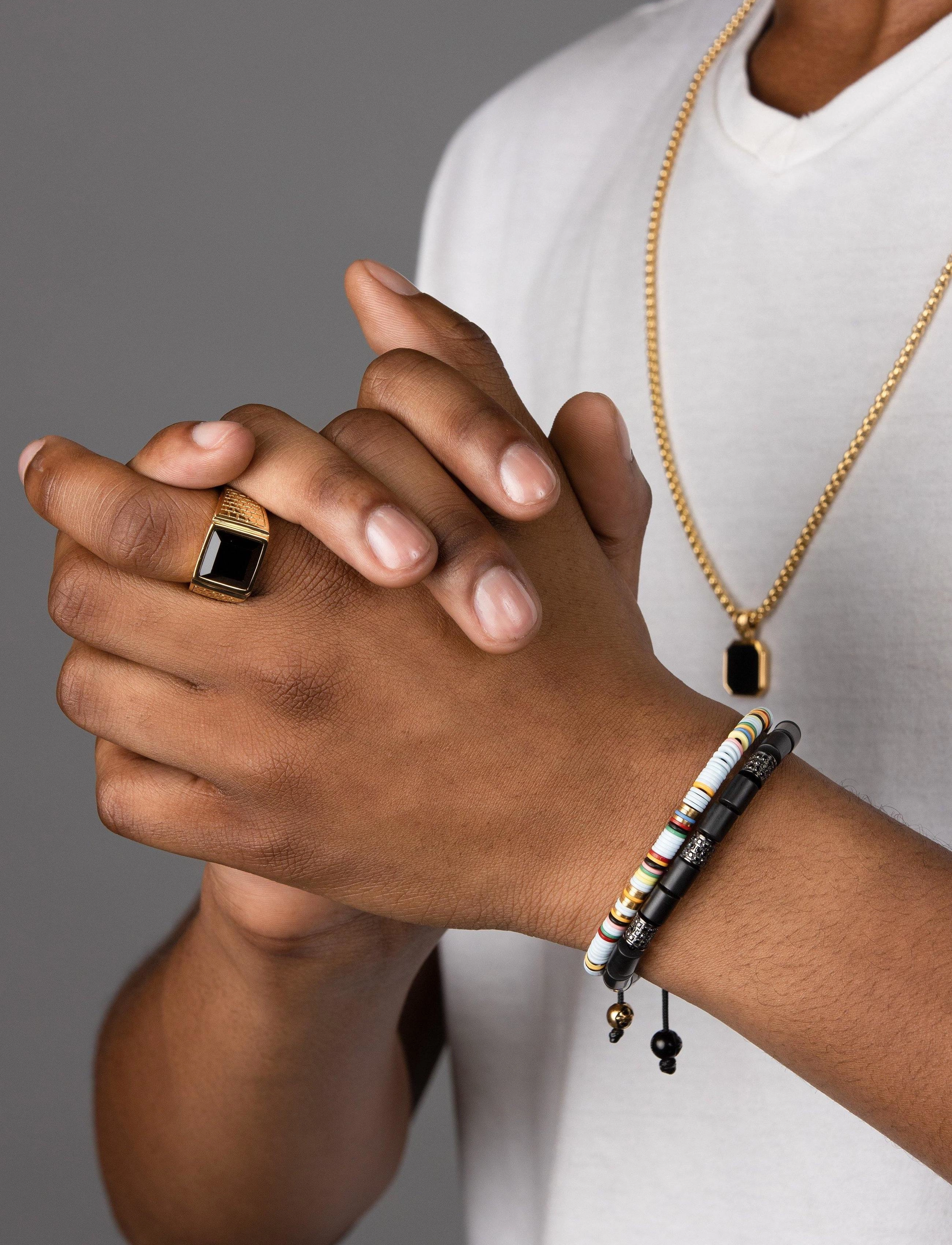 Nialaya Men's Golden Brick Signet Ring With Agate, 64, Jewellery, Gold - Rings, Männerswear