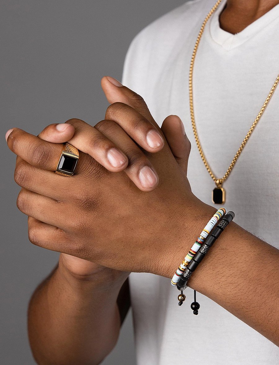 Nialaya - Men's Golden Brick Signet Ring with Agate - hringir - gold / black - 0