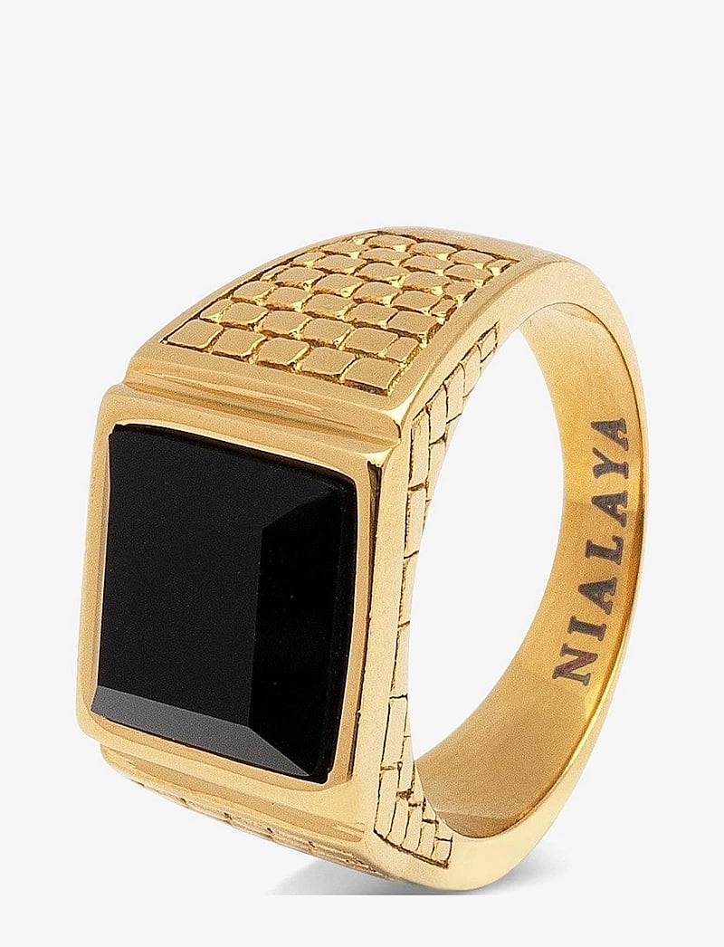 Nialaya - Men's Golden Brick Signet Ring with Agate - ringe - gold / black - 3