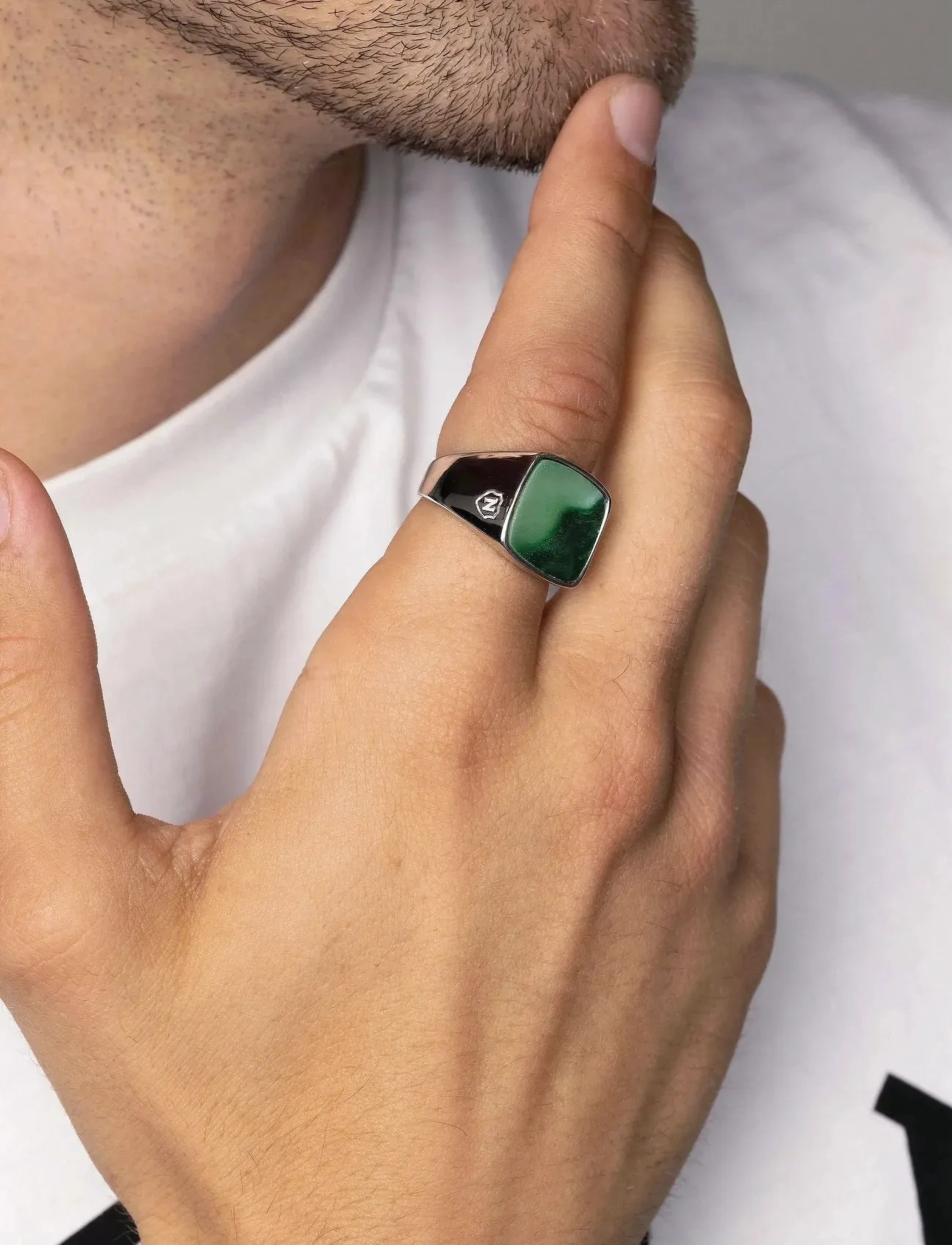 Nialaya Men's Silver Signet Ring With Green Jade, 11, Jewellery, Grün - Rings, Männerswear