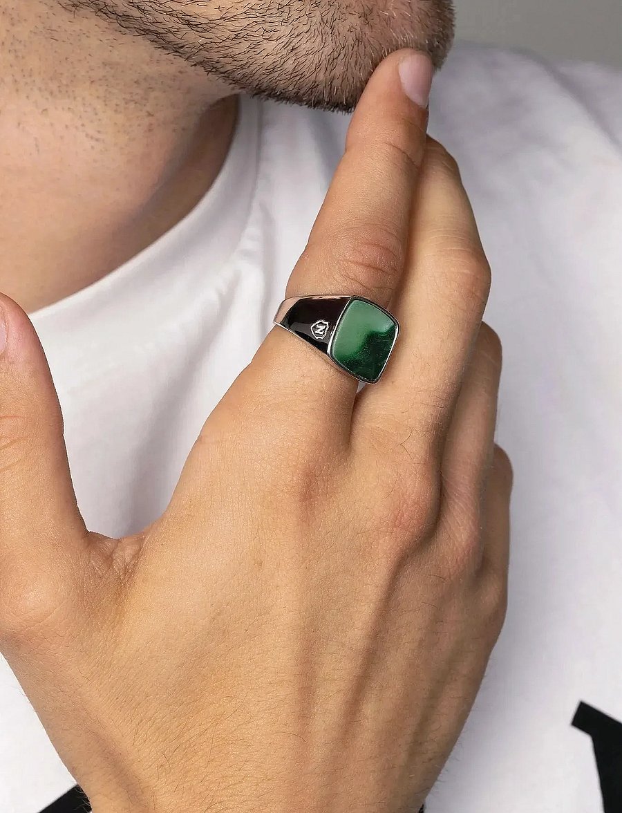 Nialaya - Men's Silver Signet Ring with Green Jade - ringe - green
silver - 0