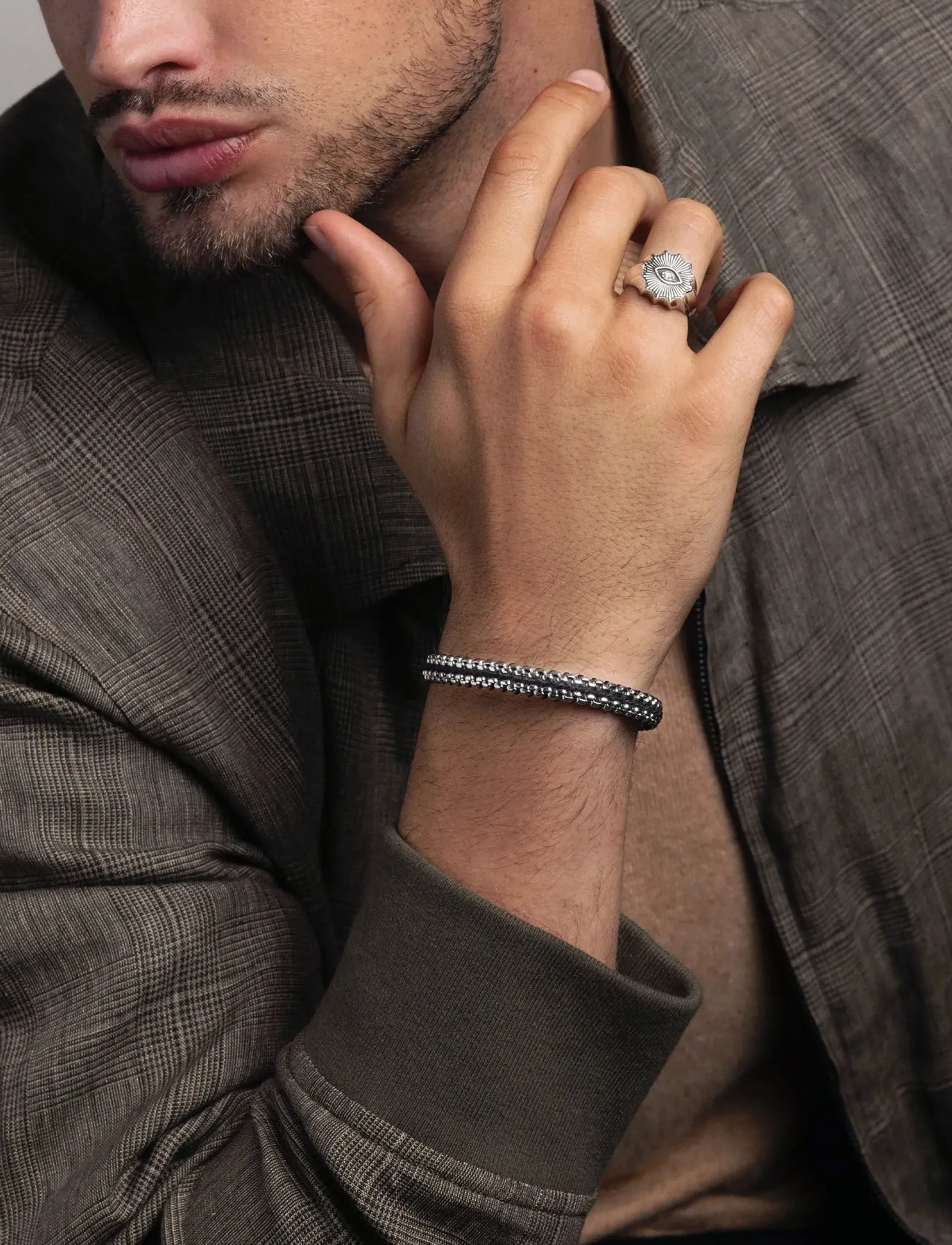 Nialaya Men's Black Woven 8 Mm Box Chain Bracelet In Silver, M, Jewellery, Silber - Bracelets, Männerswear