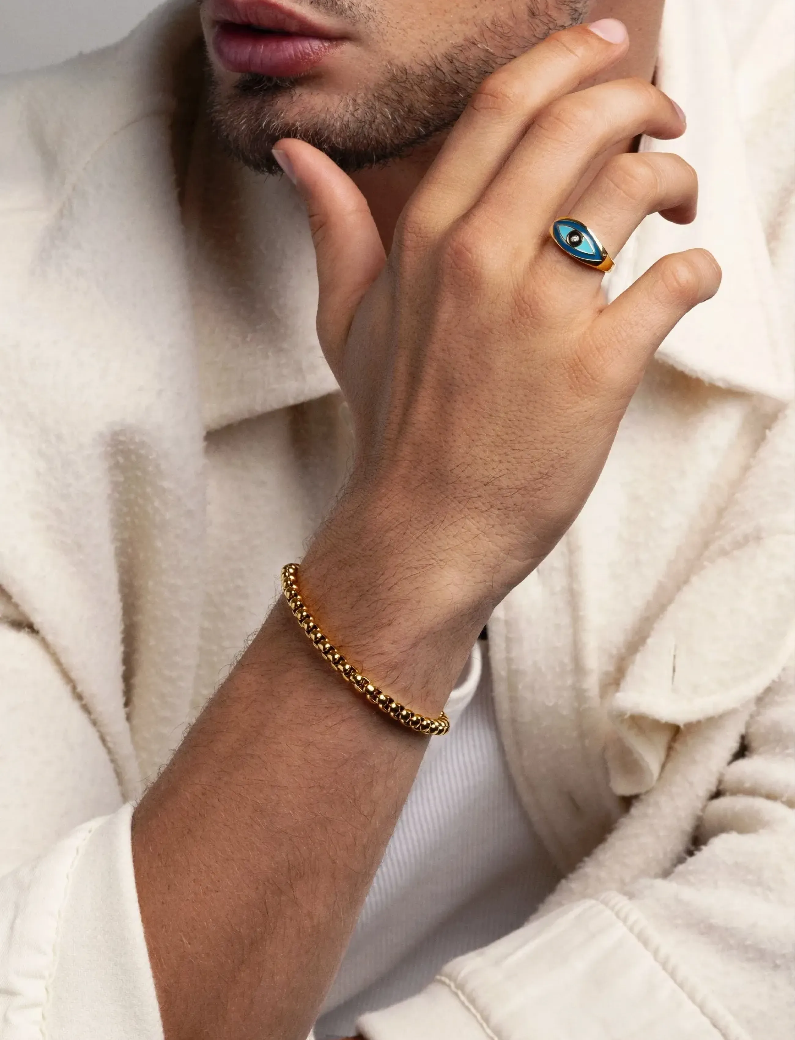 Nialaya Gold Box Chain Classic Bracelet, Mænd, Kassekædearmbånd, Guld, Str: M