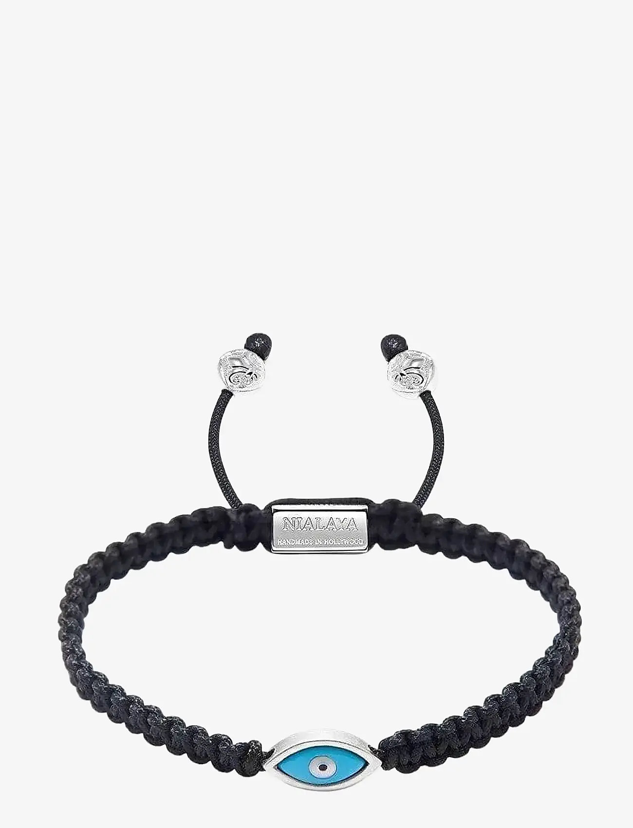 Nialaya - Men's Black String Bracelet with Silver Evil Eye - bracelets - black - 1