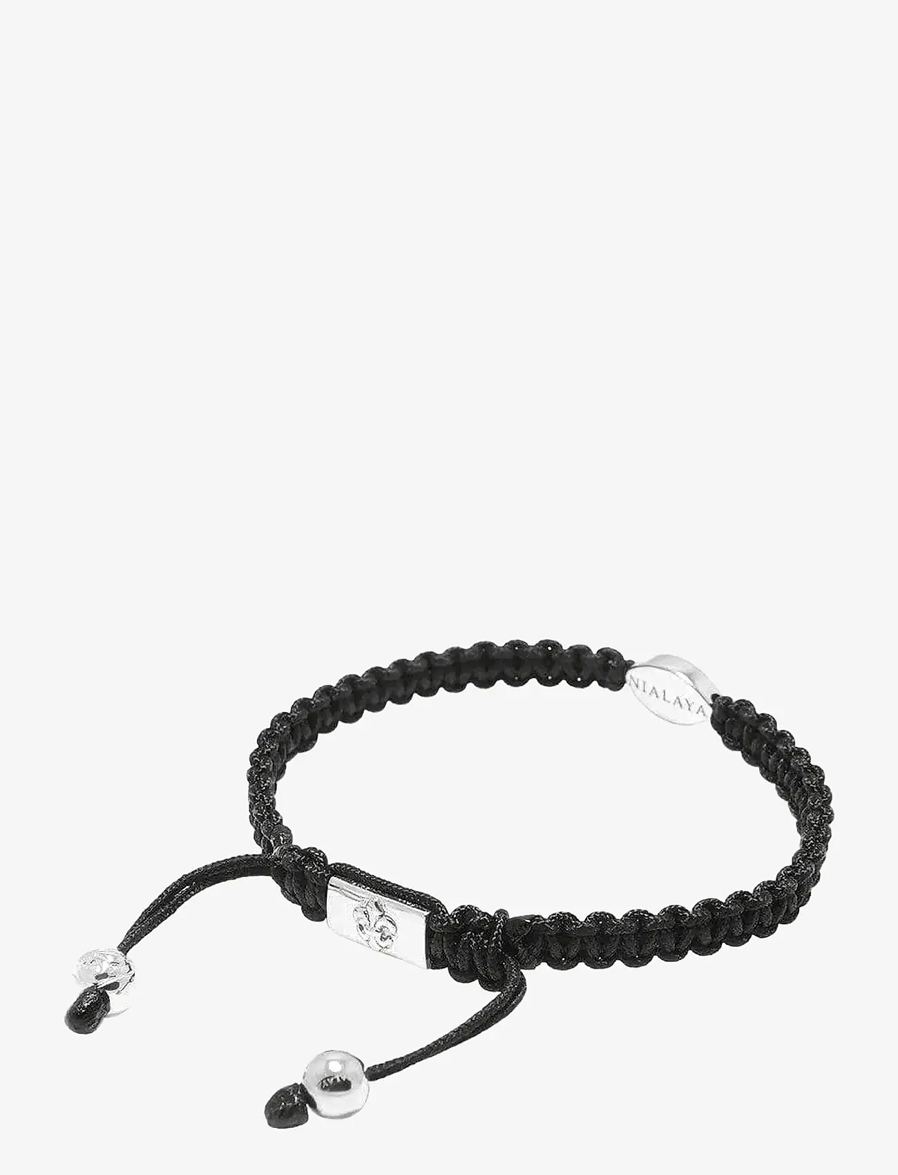 Nialaya - Men's Black String Bracelet with Silver Evil Eye - bracelets - black - 2