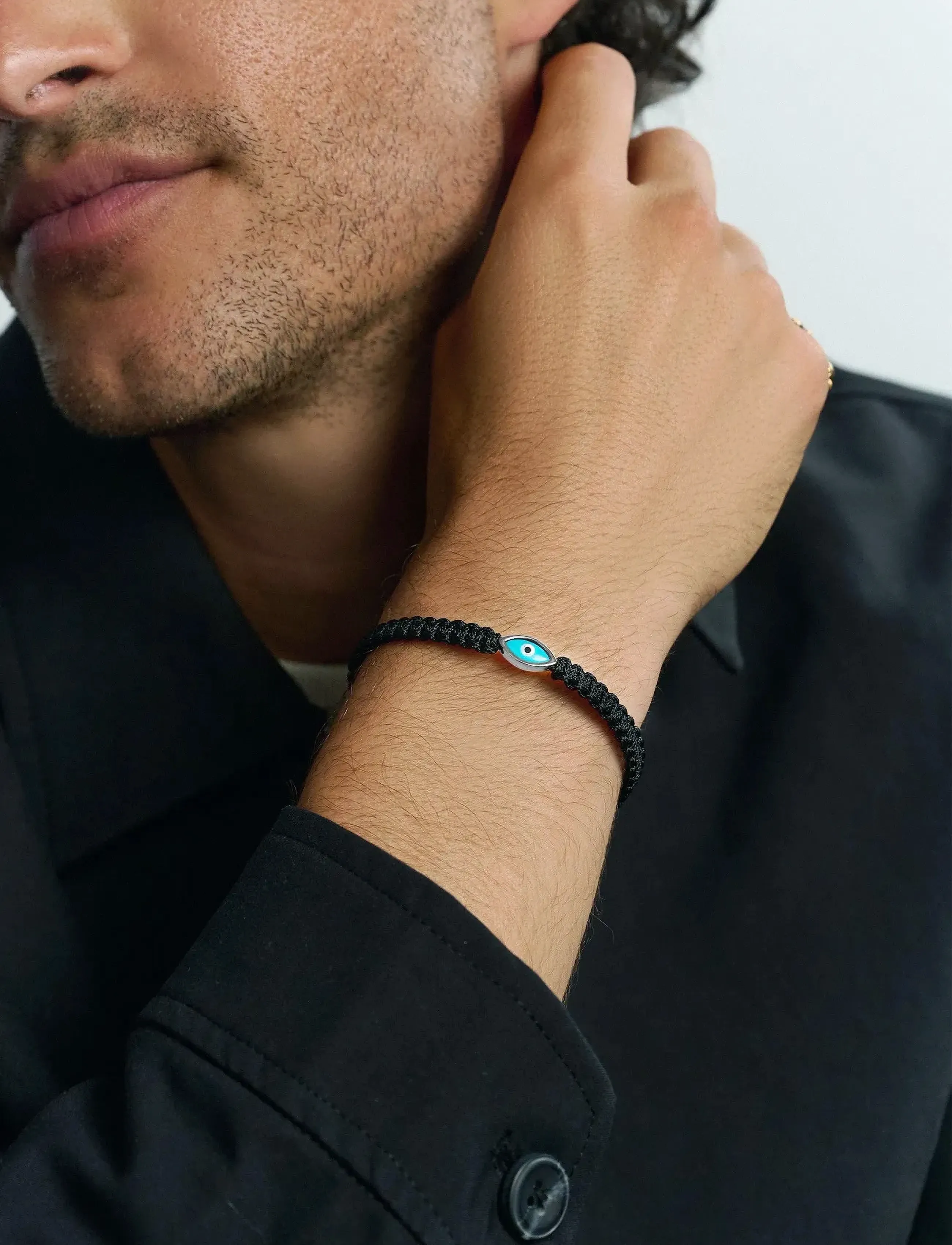 Nialaya Men's Black String Bracelet With Silver Evil Eye, L, Jewellery, Schwarz - Bracelets, Männerswear