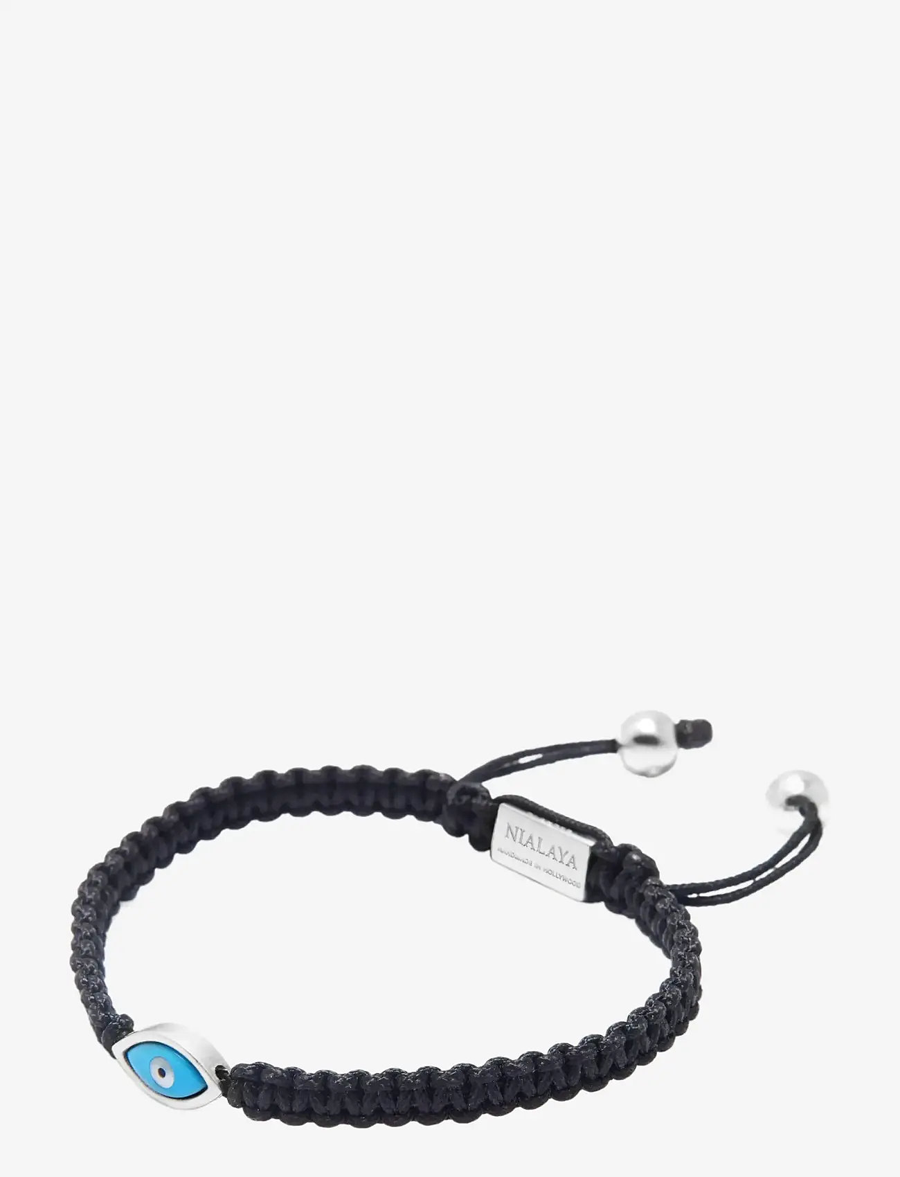 Nialaya - Men's Black String Bracelet with Silver Evil Eye - bracelets - black - 3