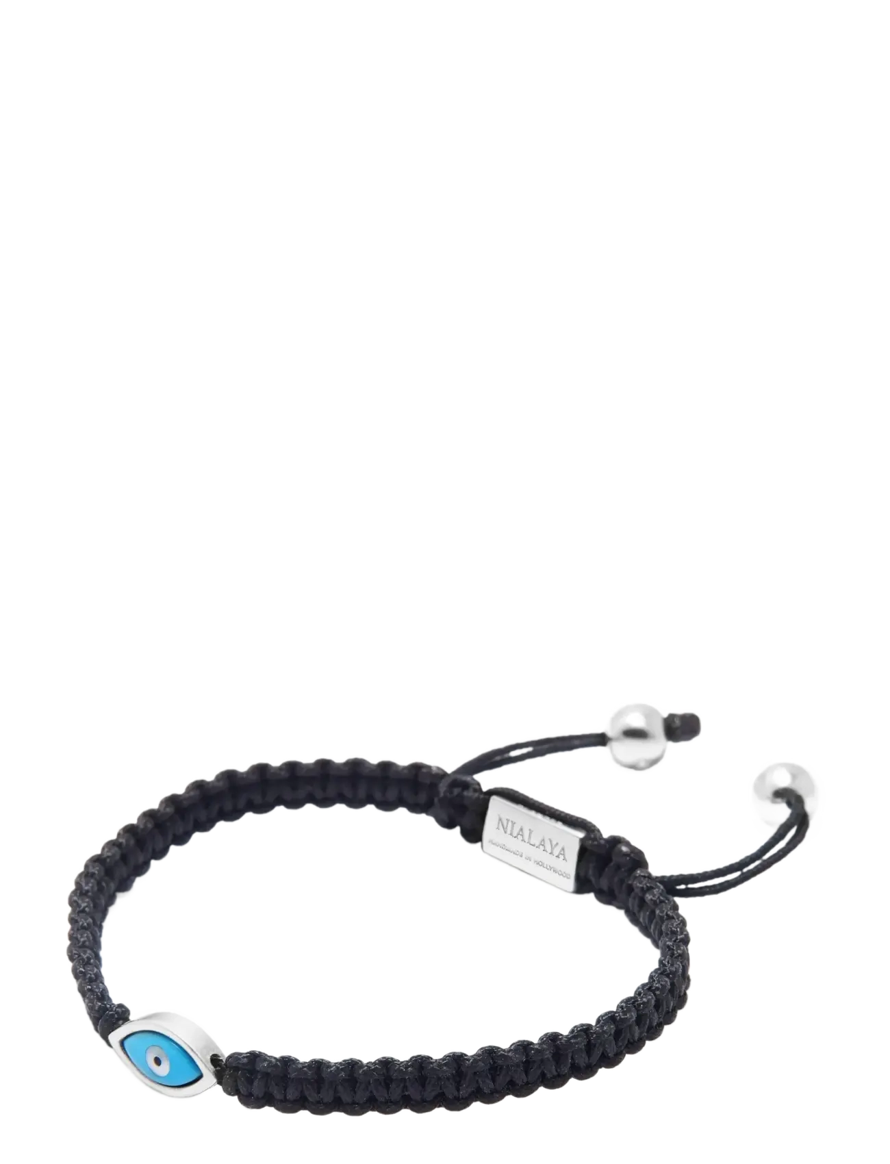 Nialaya - Men's Black String Bracelet with Silver Evil Eye - armbänder - black - 3