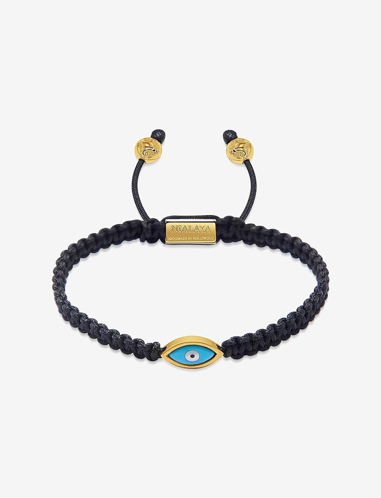 Nialaya - Men's Black String Bracelet with Gold Evil Eye - armbänder - black - 1