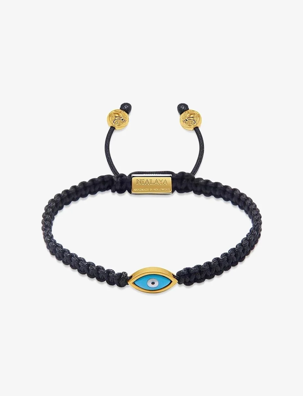 Nialaya - Men's Black String Bracelet with Gold Evil Eye - armbänder - black - 1