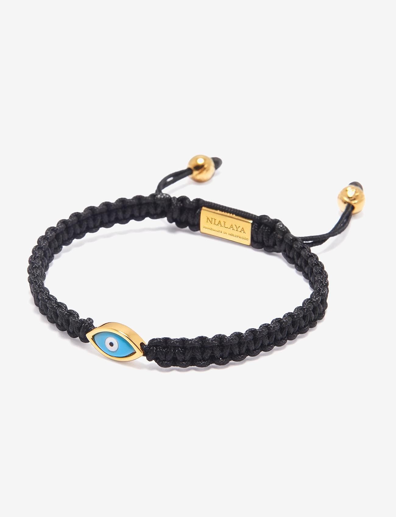 Nialaya - Men's Black String Bracelet with Gold Evil Eye - armbänder - black - 2