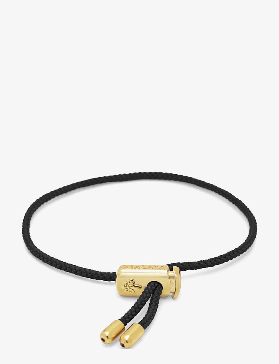 Nialaya - Men's Black String Bracelet with Adjustable Gold Lock - armbänder - black / gold - 2