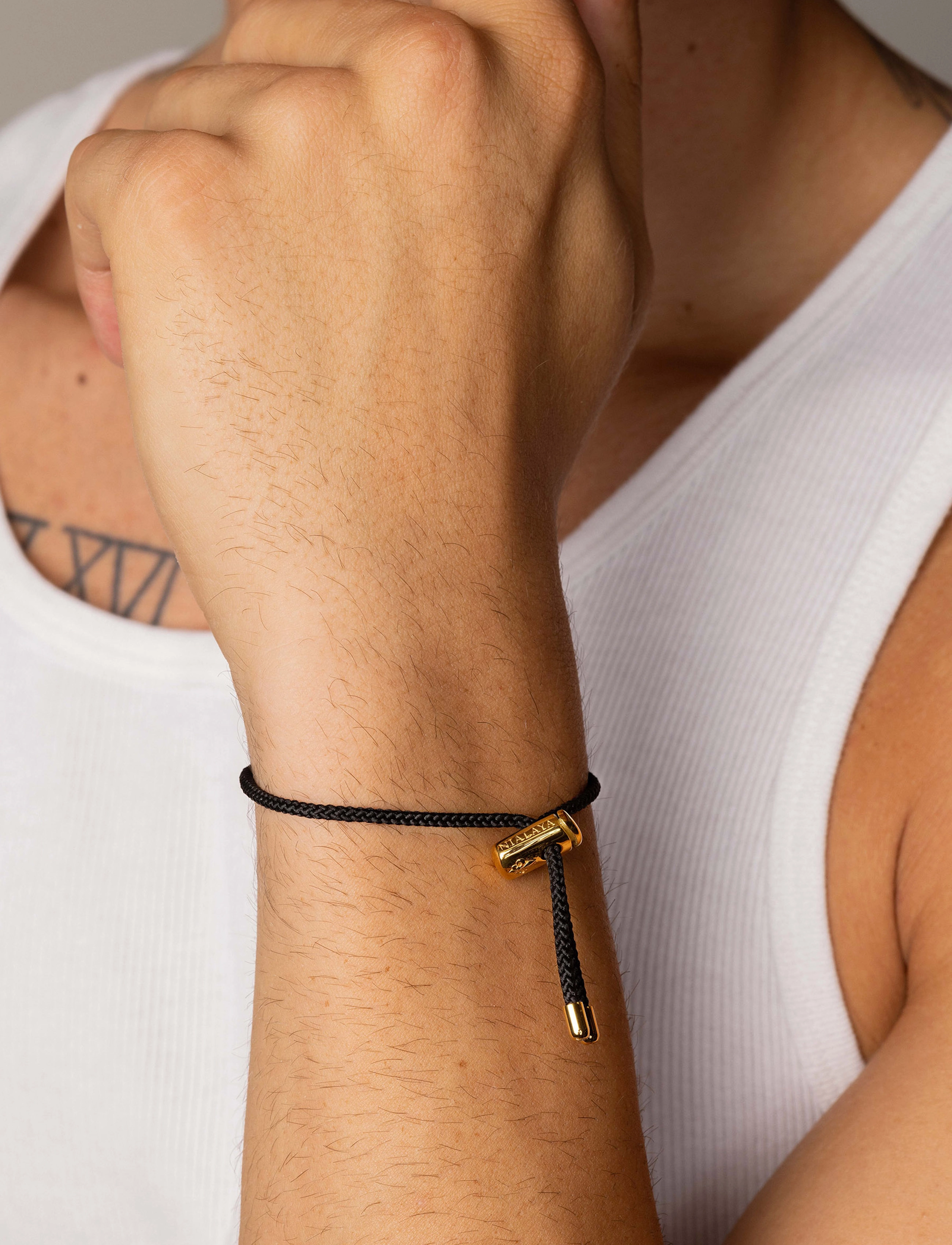Nialaya Men's Black String Bracelet With Adjustable Gold Lock, One Size 20 cm, Jewellery, - Bracelets, Männerswear