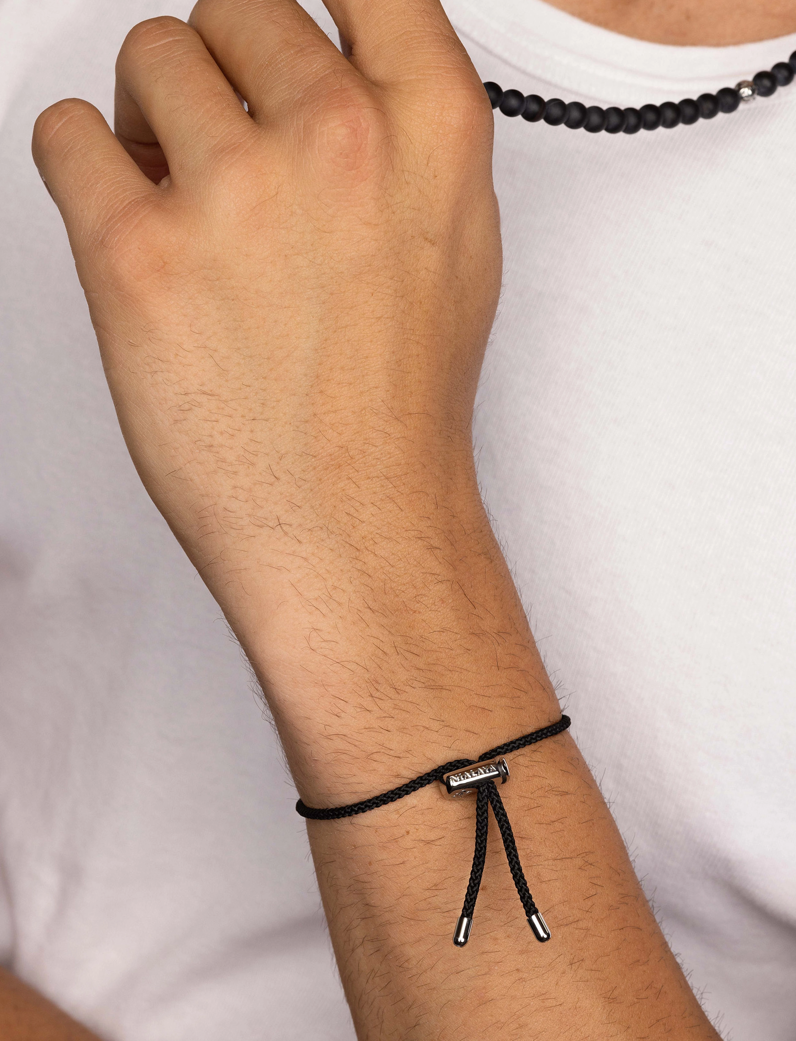 Nialaya Men's Black String Bracelet With Adjustable Silver Lock, One Size 20 cm, Jewellery, Silber - Bracelets, Männerswear