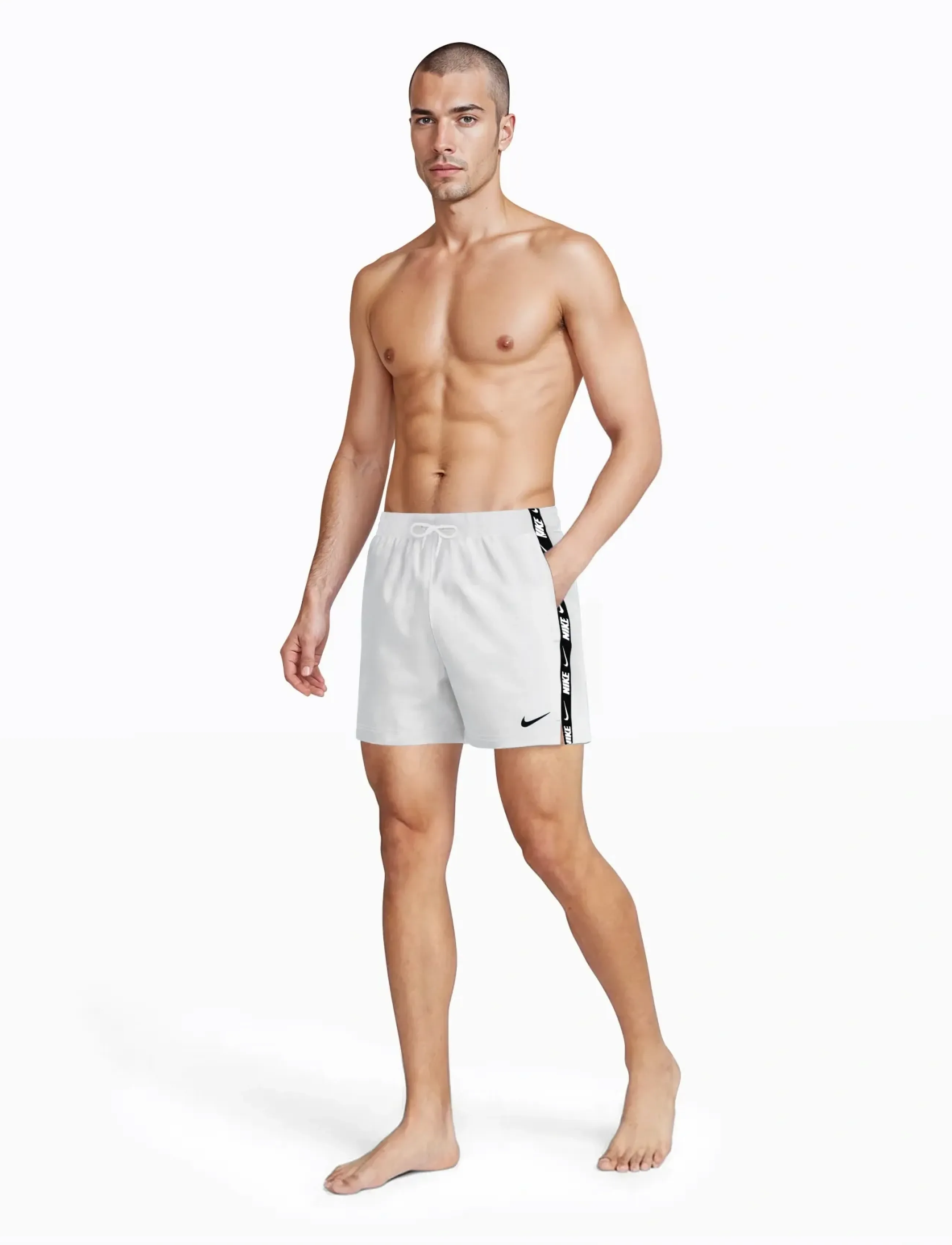 NIKE SWIM Nike Breaker Logo Tape 5" Volley Short, M, White, Sport Badetøj > Sport Swim Shorts, Herre
