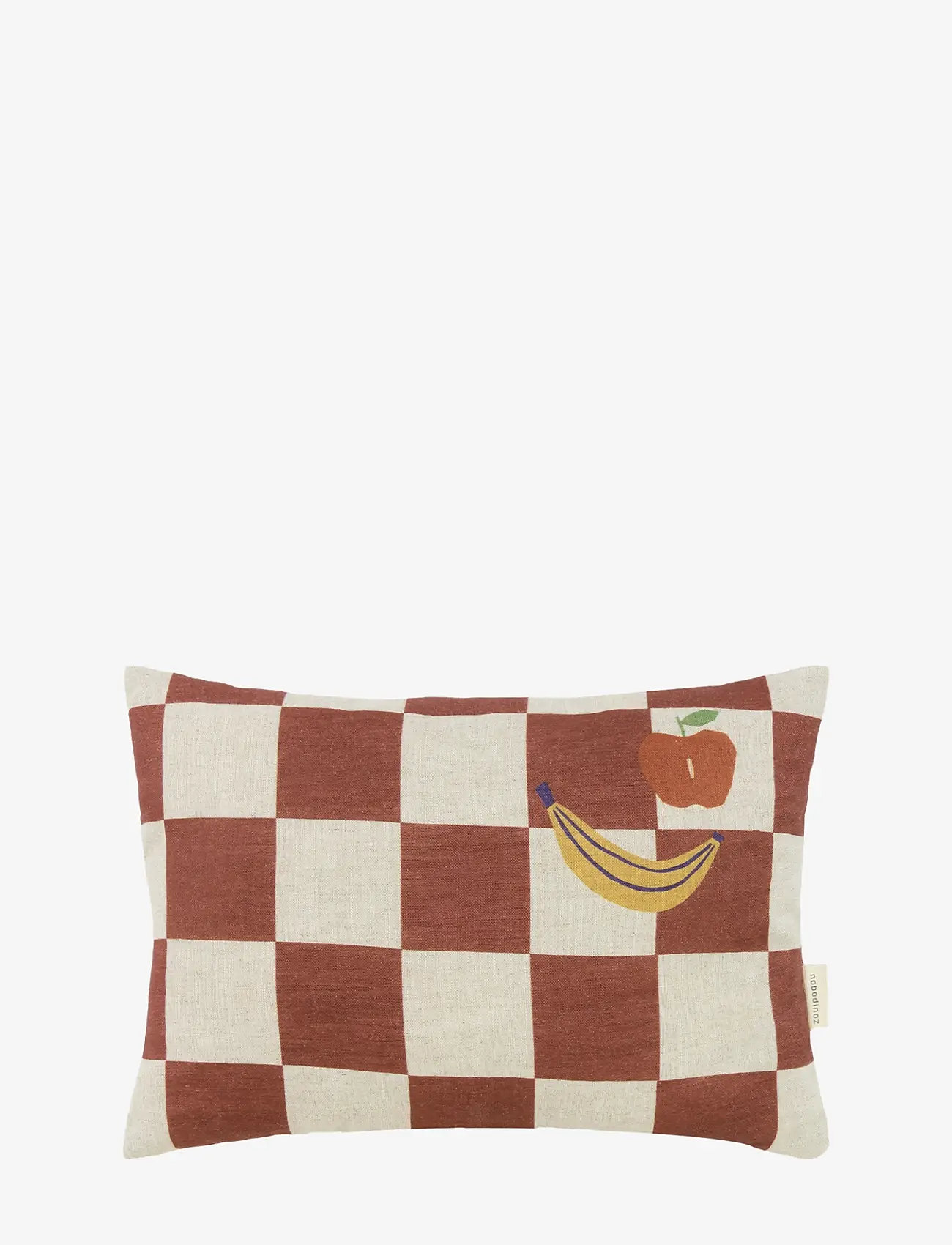 NOBODINOZ - VIBES RECT. CUSHION LINEN 33X22 S - dekorative kissen - maroon checks fruits - 0