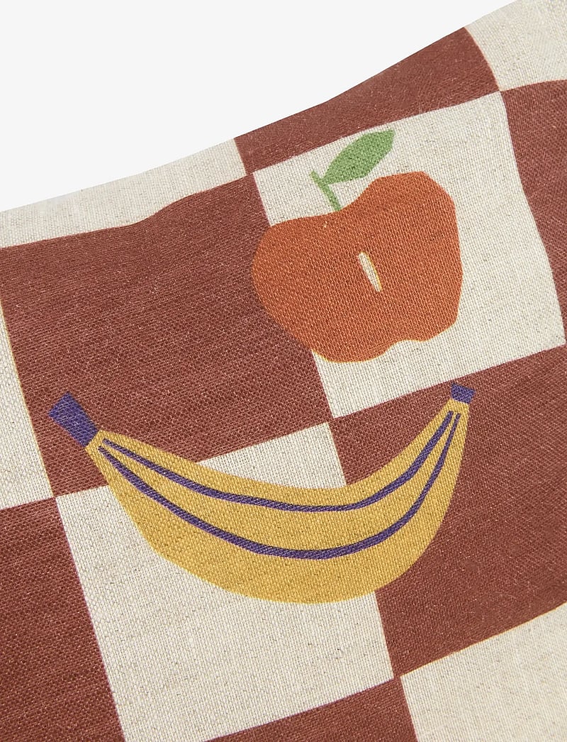 NOBODINOZ - VIBES RECT. CUSHION LINEN 33X22 S - dekorative kissen - maroon checks fruits - 1
