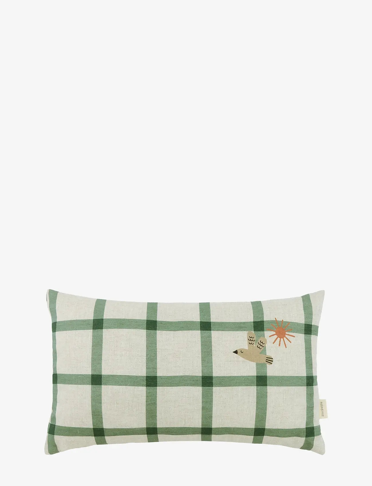 NOBODINOZ - VIBES RECT. CUSHION LINEN 44X25 M - sierkussens - green windowpane bird - 0