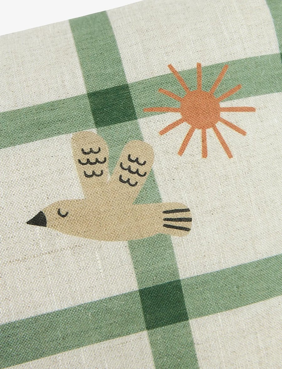 NOBODINOZ - VIBES RECT. CUSHION LINEN 44X25 M - dekorative kissen - green windowpane bird - 1