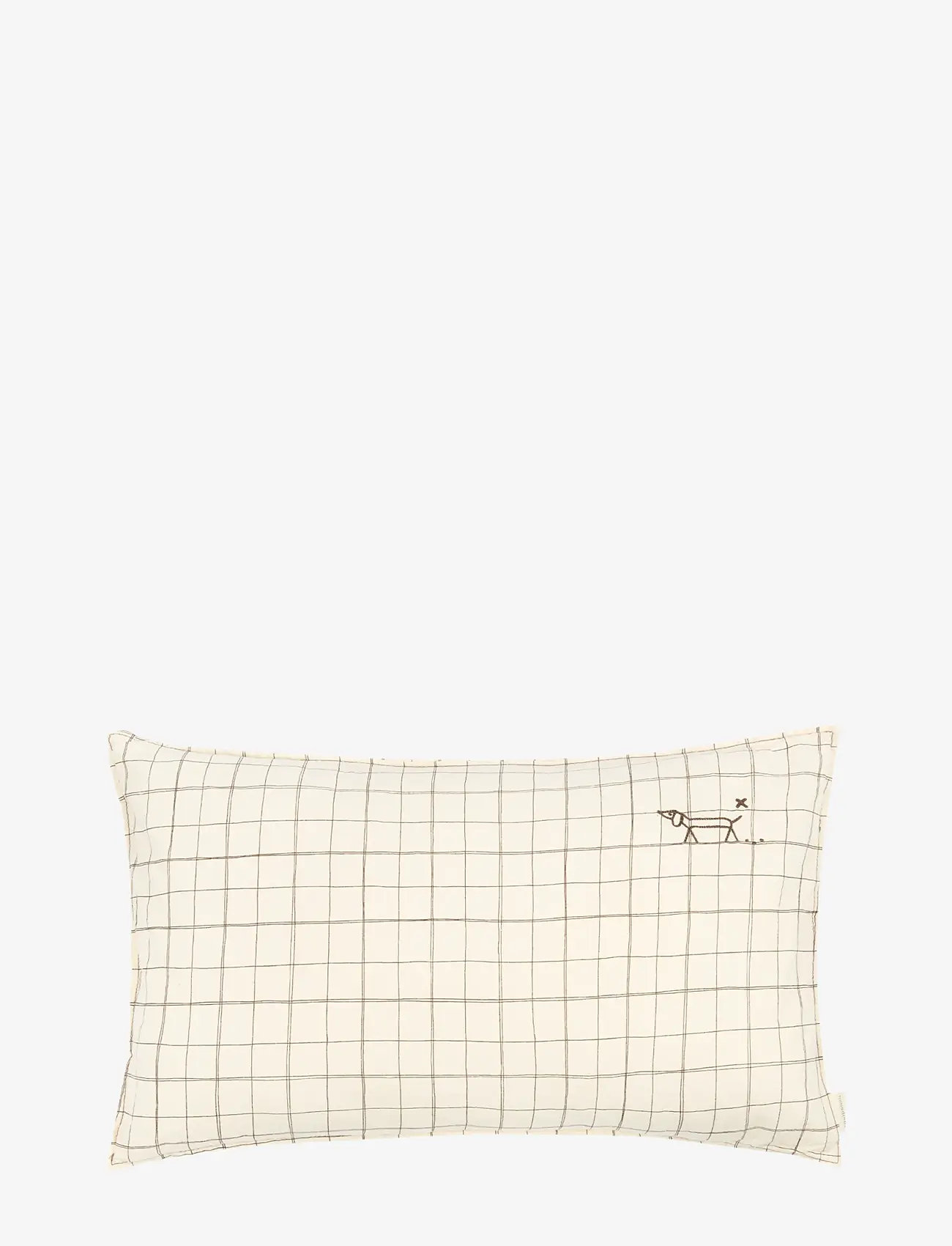 NOBODINOZ - Embroidered rectangular cushion L1N0 in washed French linen - dekorative kissen - natural grid - 0