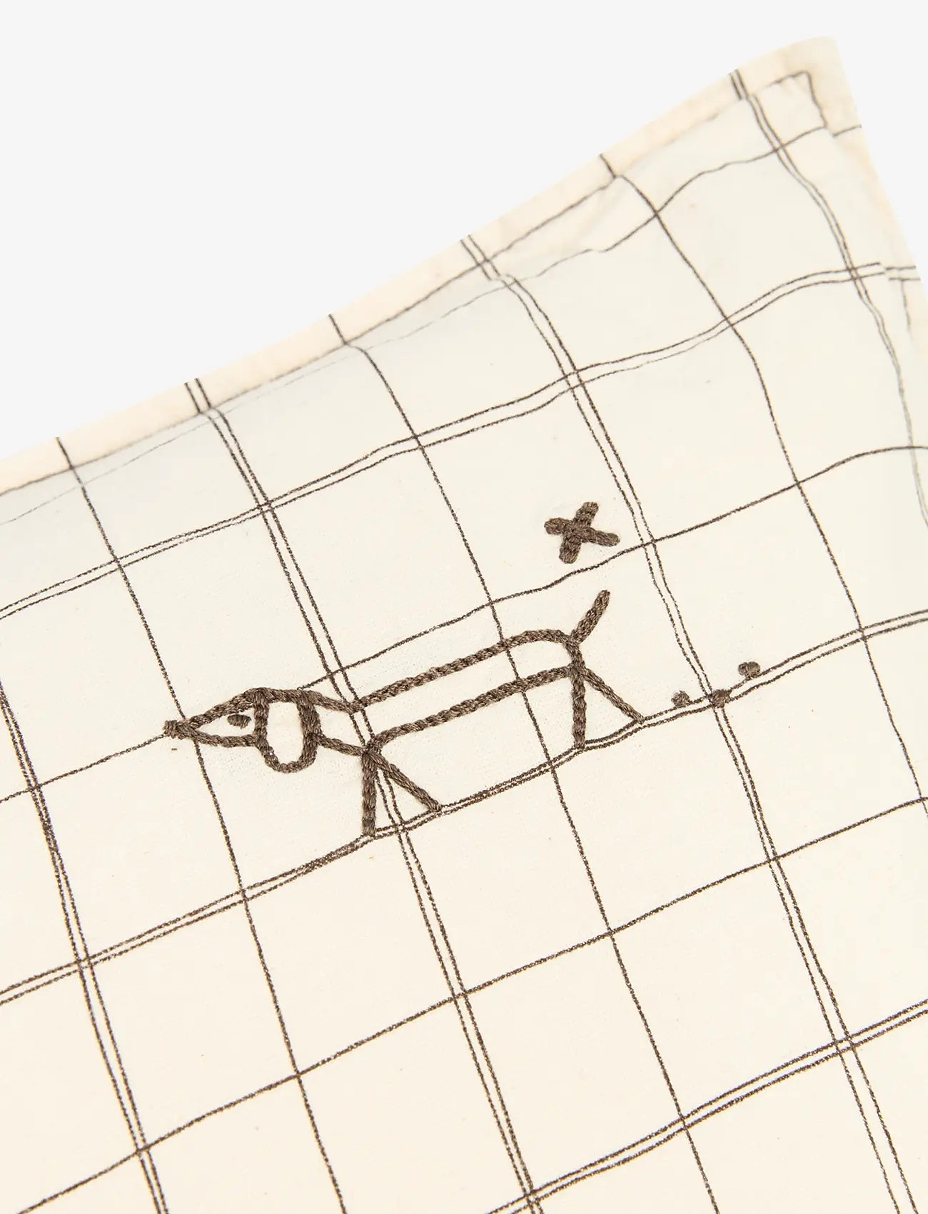 NOBODINOZ - Embroidered rectangular cushion L1N0 in washed French linen - dekorative kissen - natural grid - 1