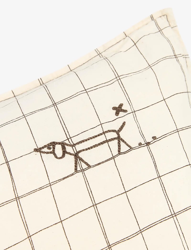 NOBODINOZ - Embroidered rectangular cushion L1N0 in washed French linen - dekorative kissen - natural grid - 1