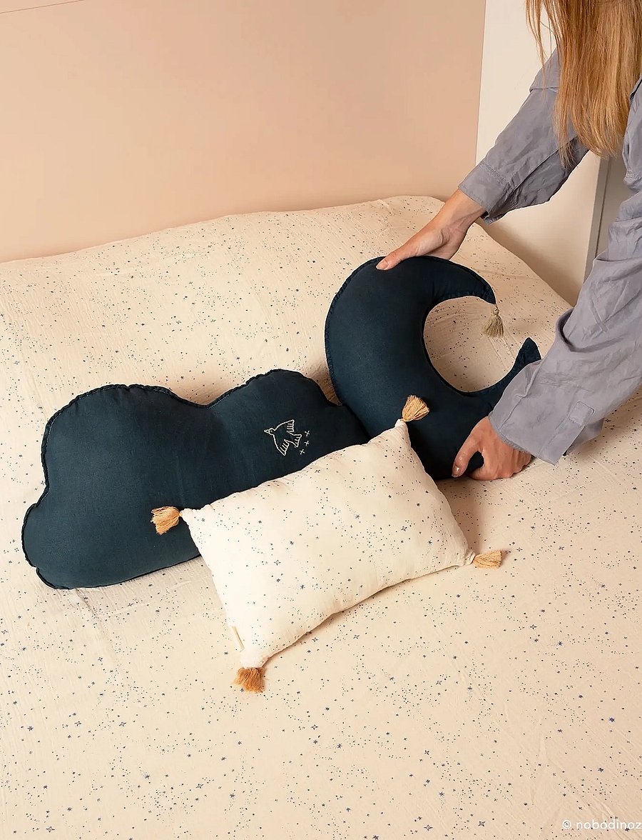 NOBODINOZ - Tassel rectangular cushion in washed double muslin Wabi-Sabi - pyntepuder - blue milky way - 0
