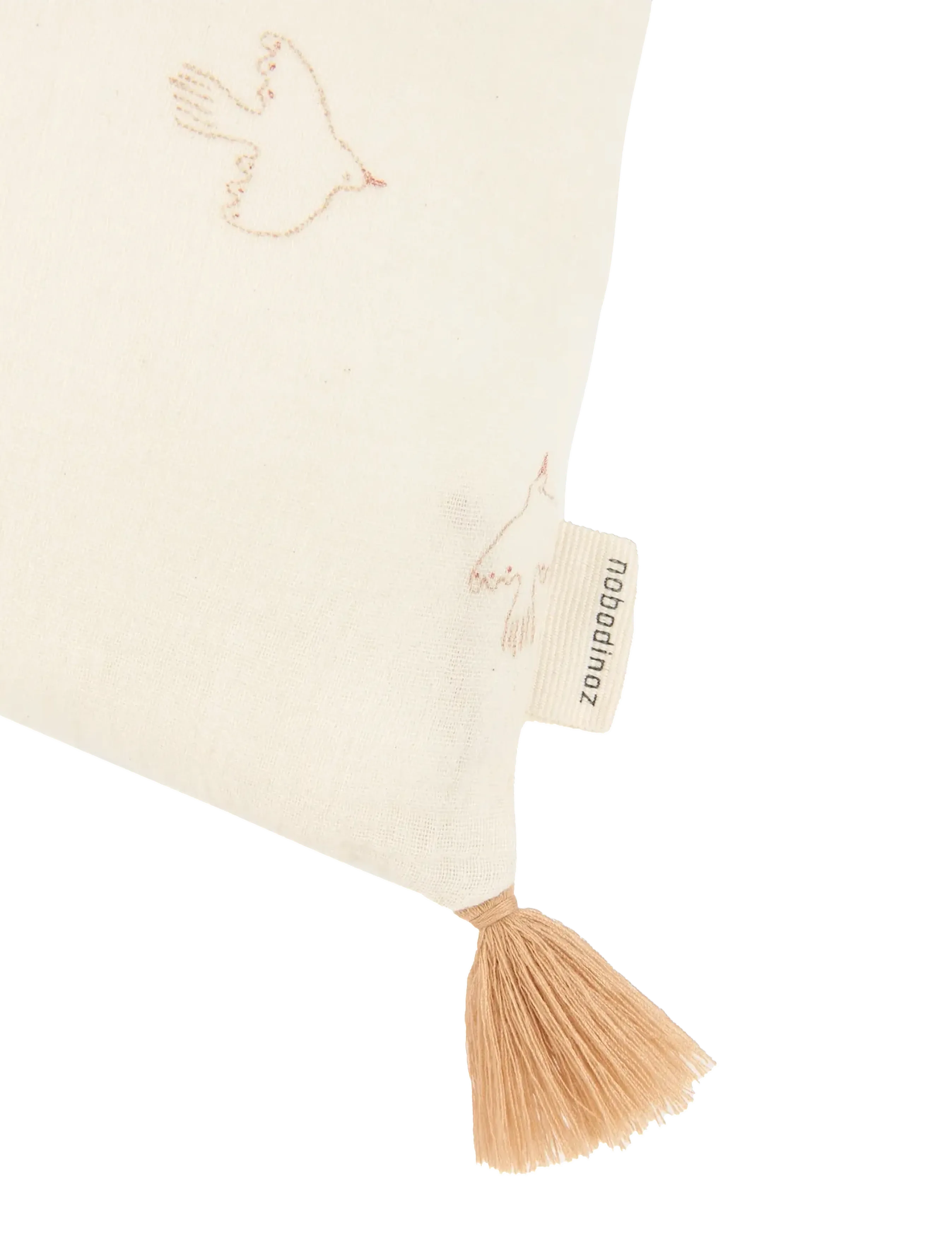 NOBODINOZ - Tassel rectangular cushion in washed double muslin Wabi-Sabi - pyntepuder - brown hoshi birds - 1