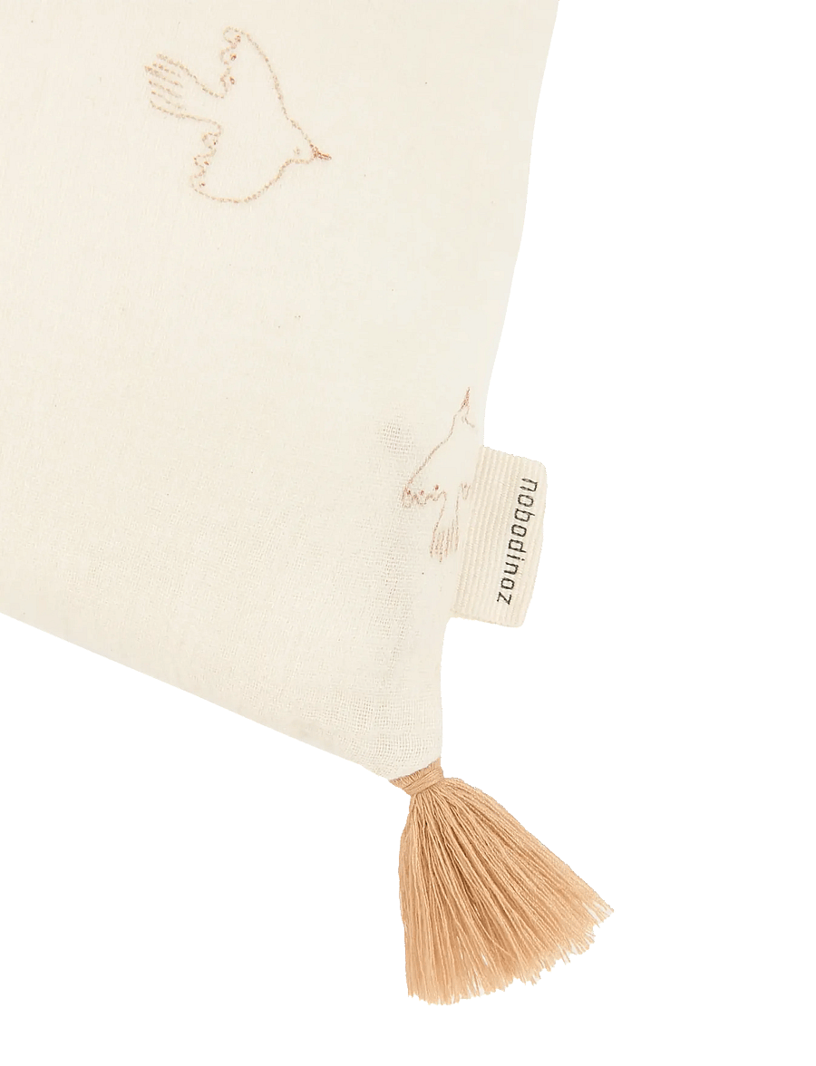 NOBODINOZ - Tassel rectangular cushion in washed double muslin Wabi-Sabi - pyntepuder - brown hoshi birds - 1
