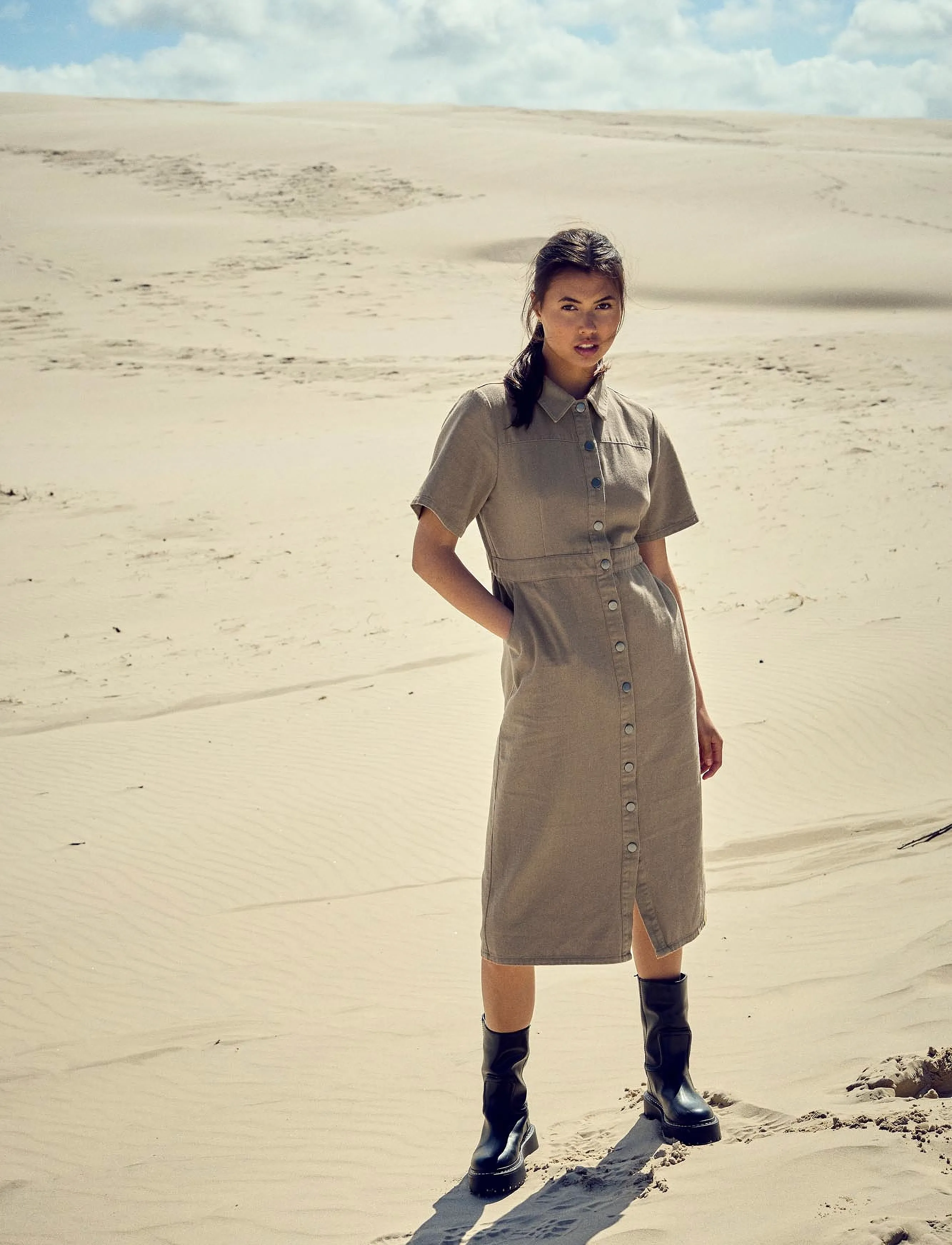 Noella Benita Long Dress, Kvinder, Midi Skjortekjole, Beige, Str: XS