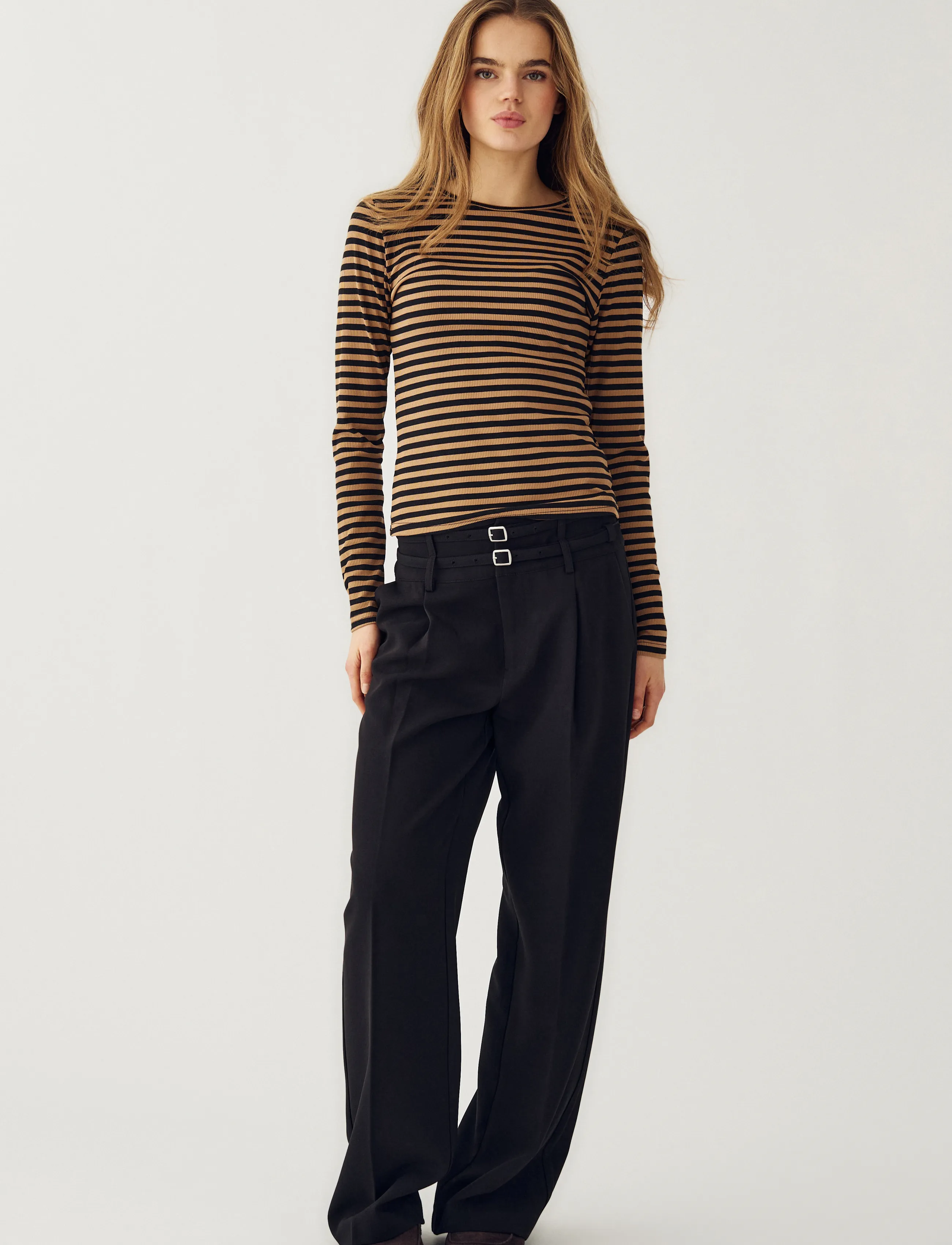 Noella Luana Top - Langärmlige Tops - DARK SAND BLACK STRIPE / brown