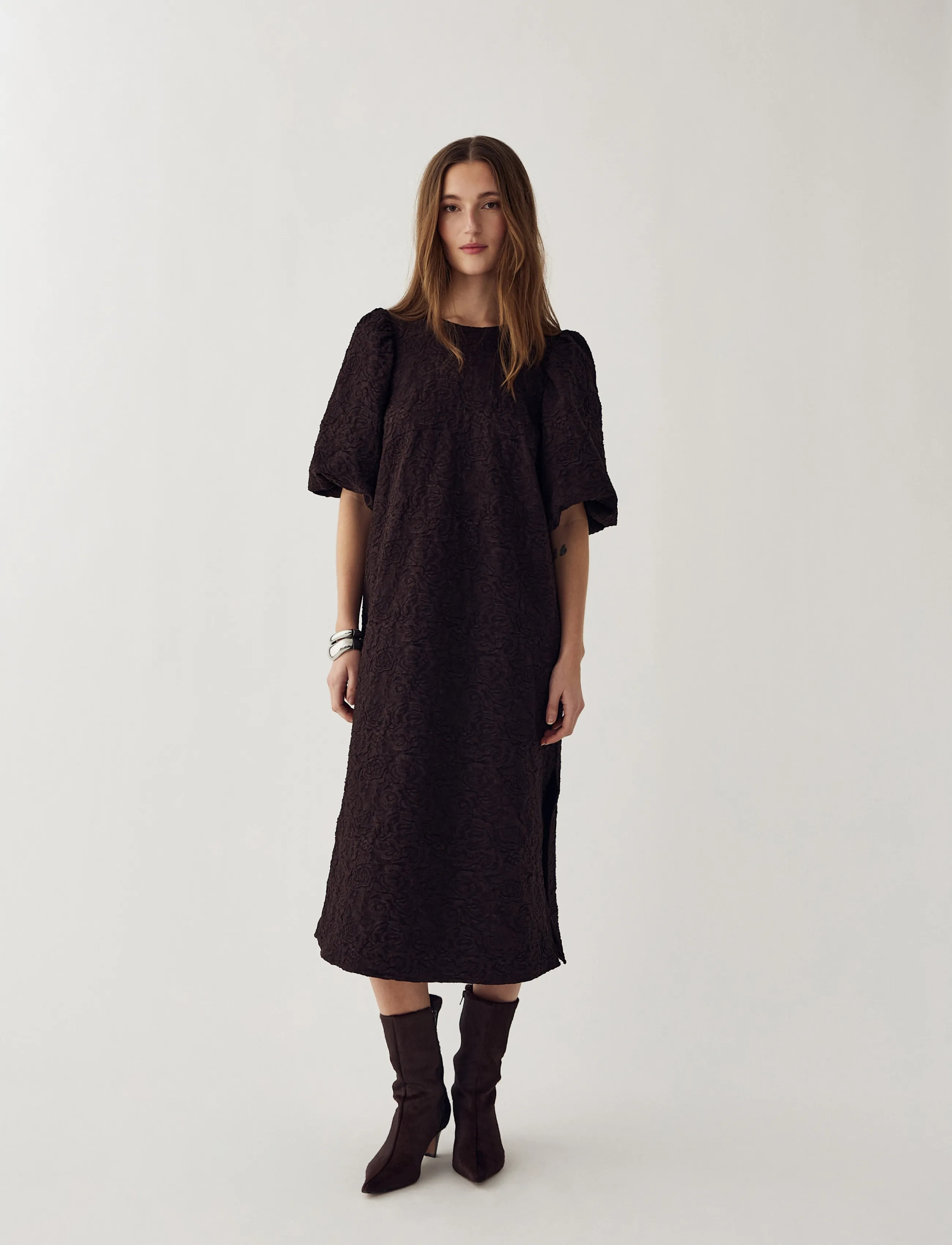 Noella N-Pastis Long Dress, Kvinder, Puffærmet Lang Kjole, Brun, Str: XXL