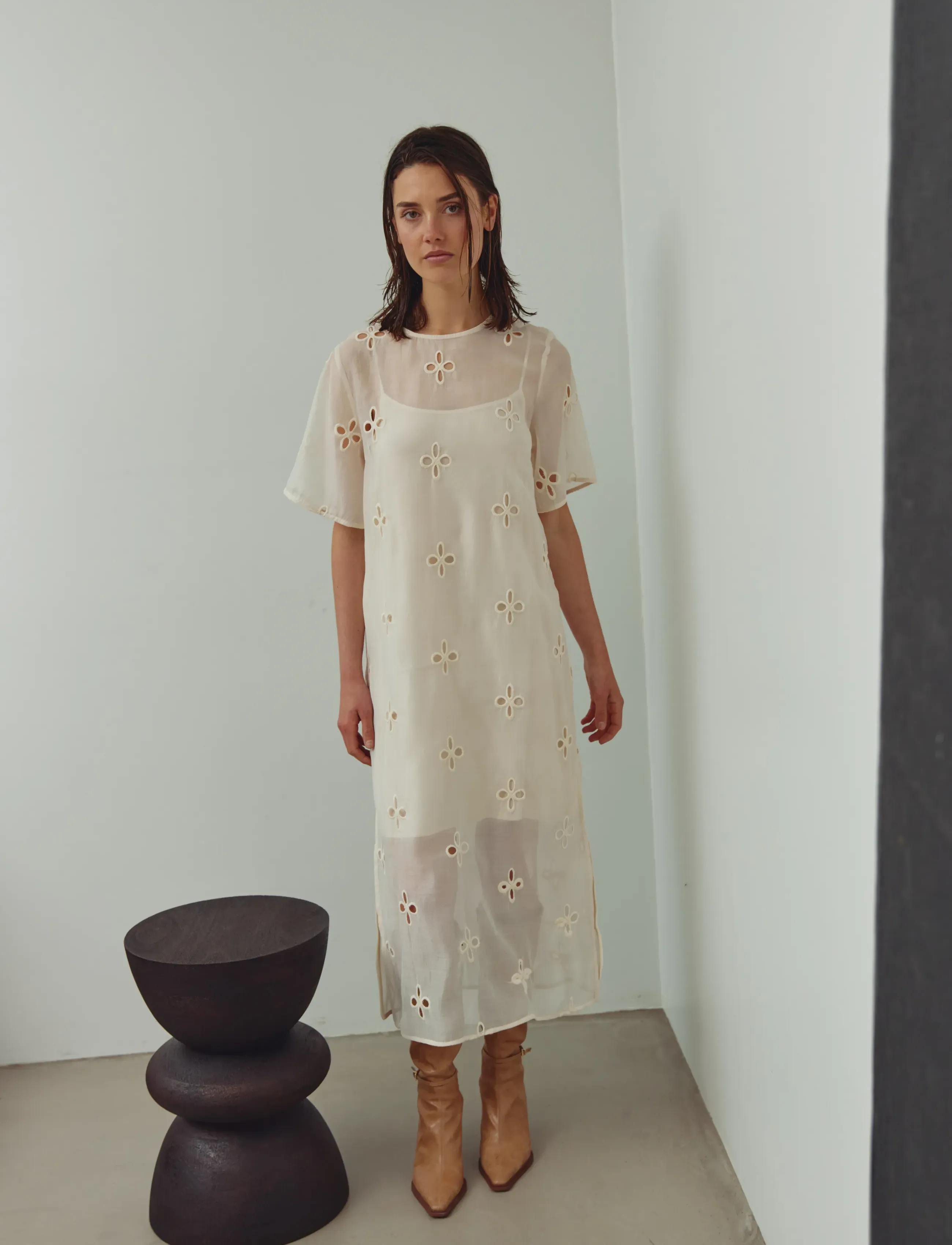 Noella N-Linett Dress, Kvinder, Broderi Kjole, Cream, Str: XS