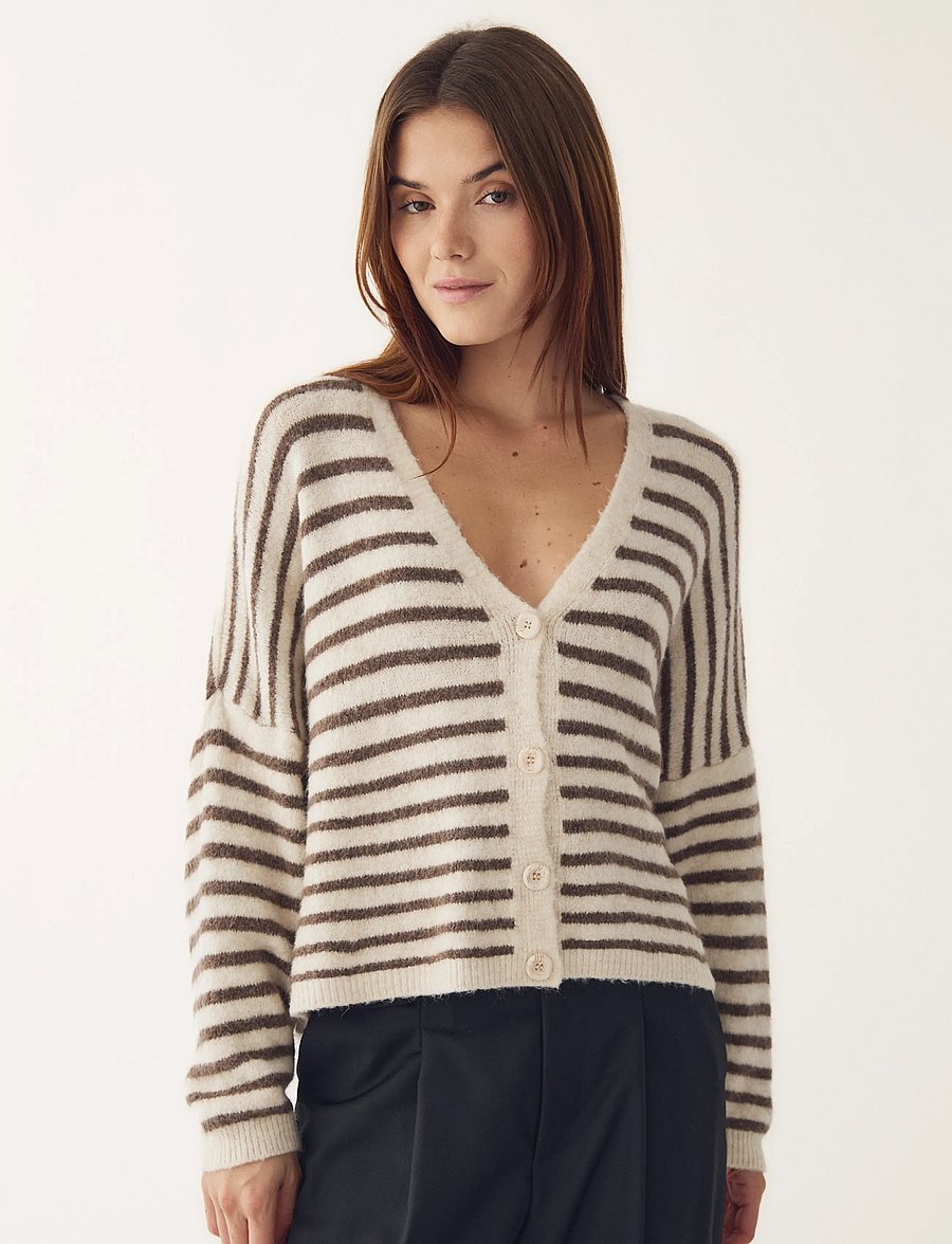 Noella - N-Lenda Knit Cardigan - koftor - brown ivory stripe - 0
