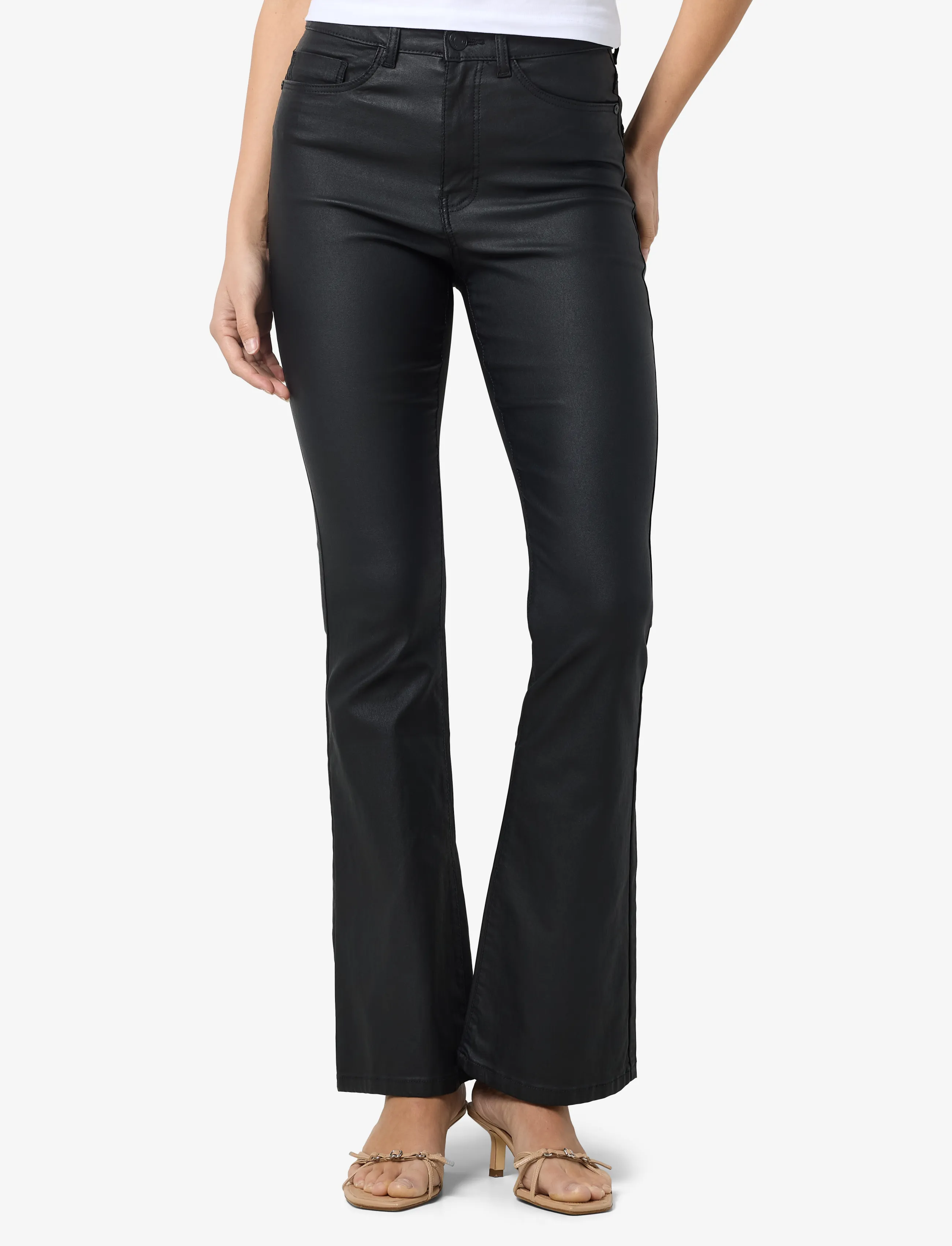 NOISY MAY NMSALLIE HW FLARE COATED PANTS NOOS - Leather trousers - BLACK / black
