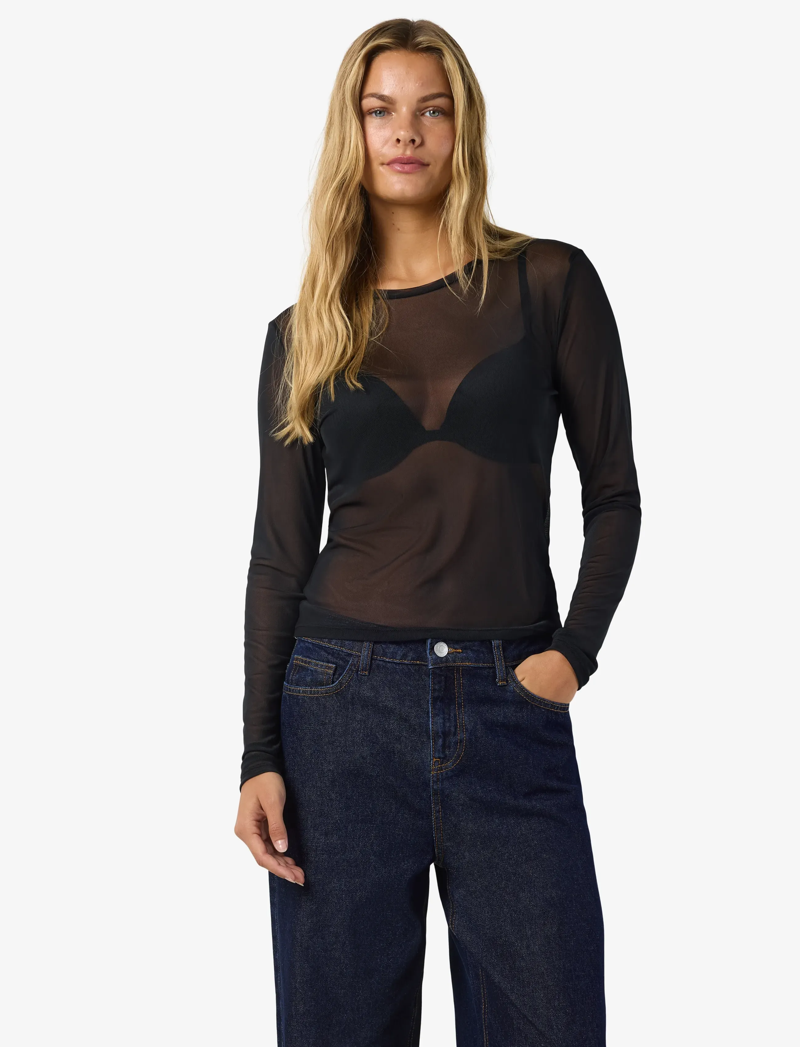 NOISY MAY Nmjudith L/S Mesh Top Bg Noos, S, Black, Bluser > Langærmede, Dame