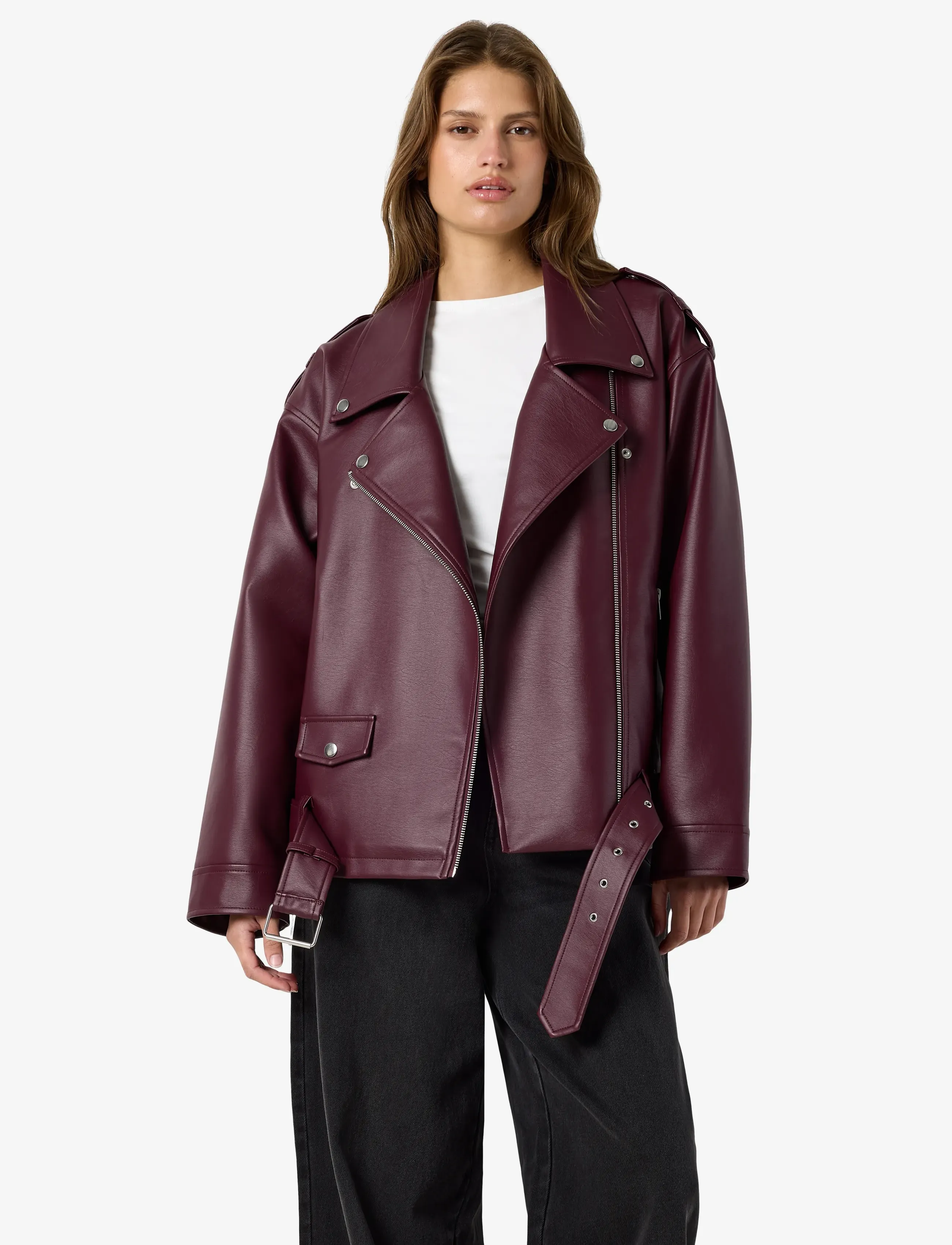 NOISY MAY Nmpaulina Oversize Biker Jacket Noos, M, Jackets, Burgunderrot - Leather, Frauen