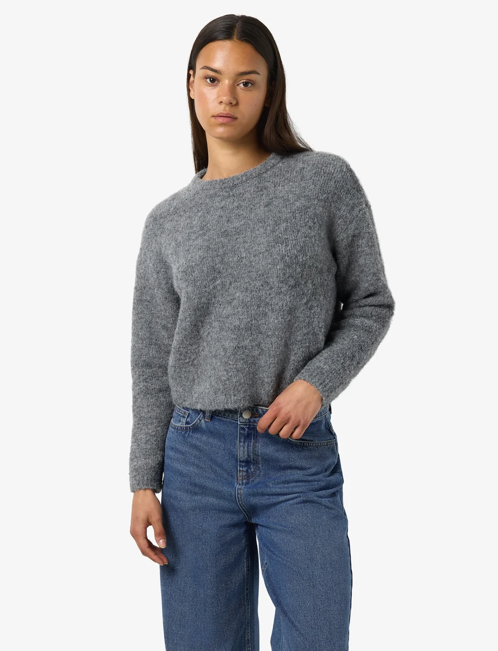 NOISY MAY - NMDOLLY L/S O-NECK KNIT FWD NOOS - sviitrid - medium grey melange - 4