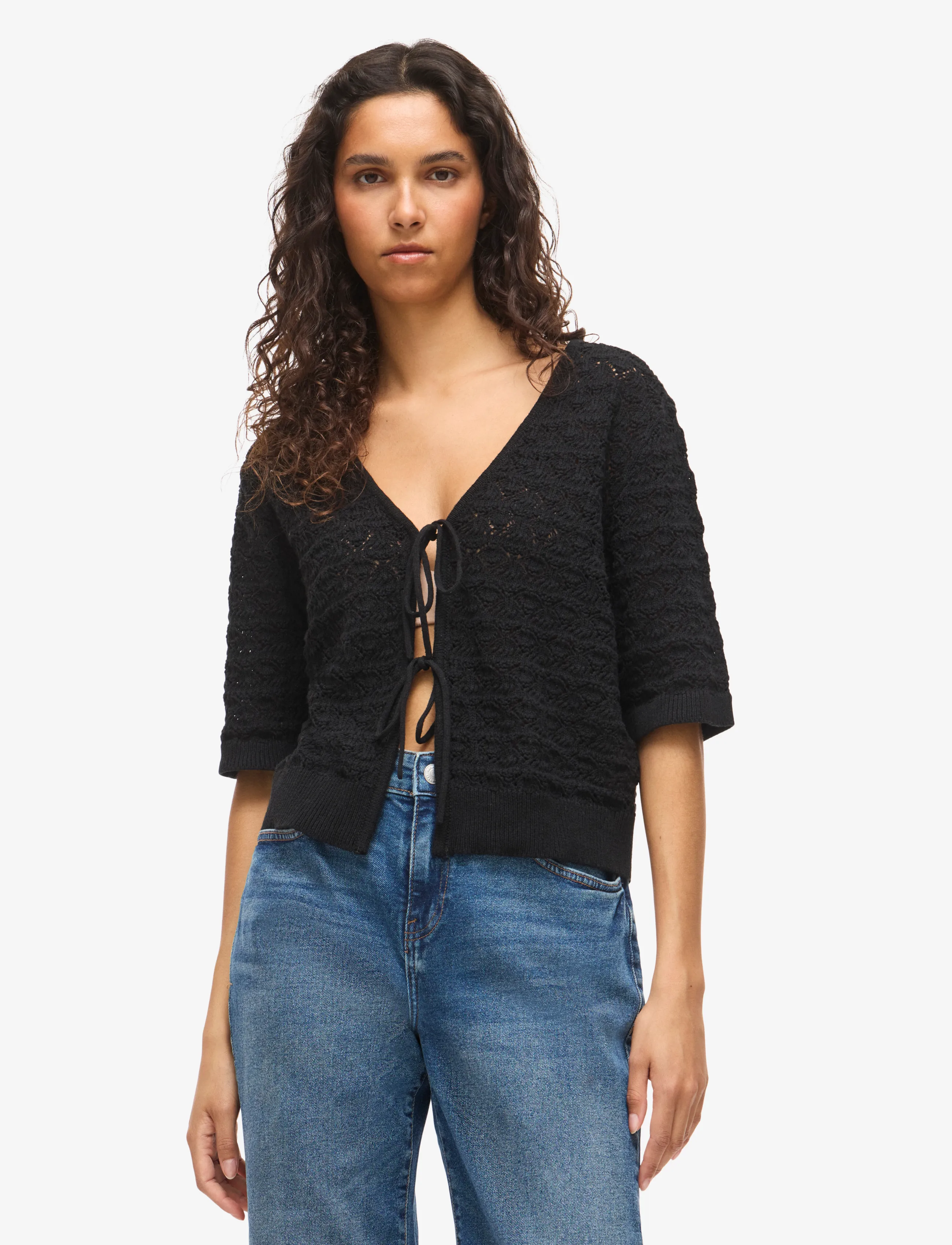 NOISY MAY Nmlaika S/S Tie Knit Top Fwd, XS, Black, Strik > Cardigans, Dame