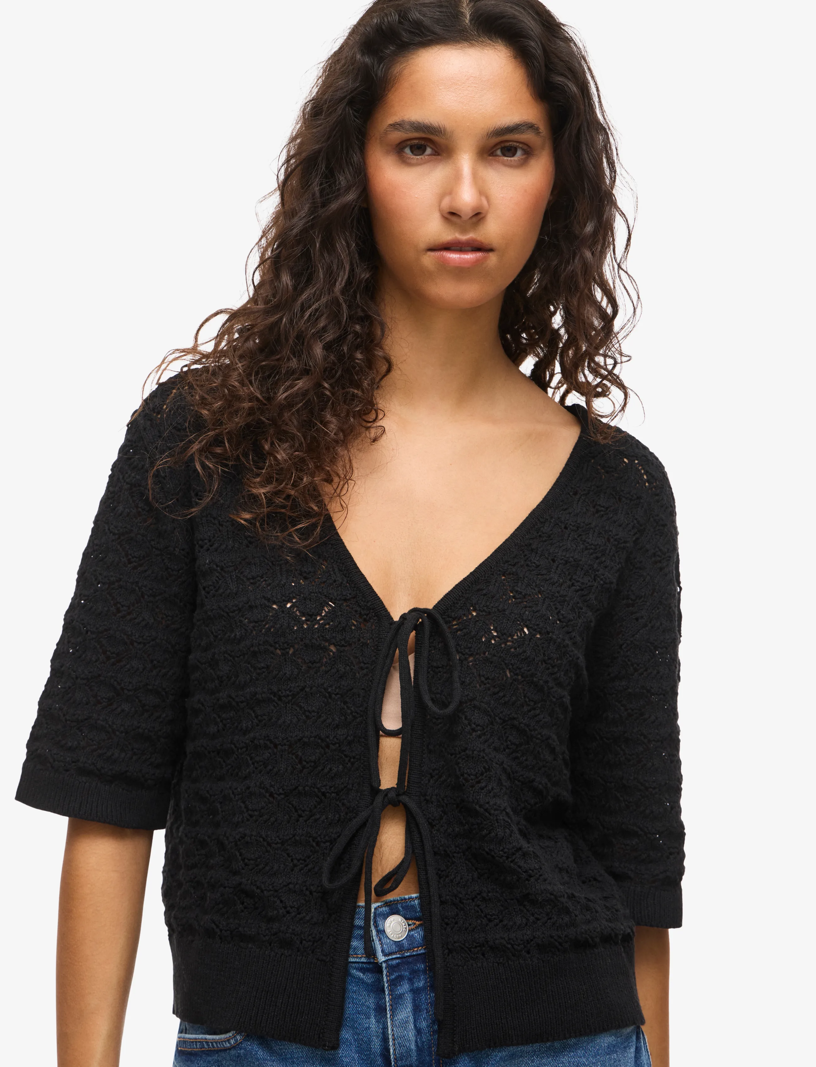 NOISY MAY - NMLAIKA S/S TIE KNIT TOP FWD - black - 4