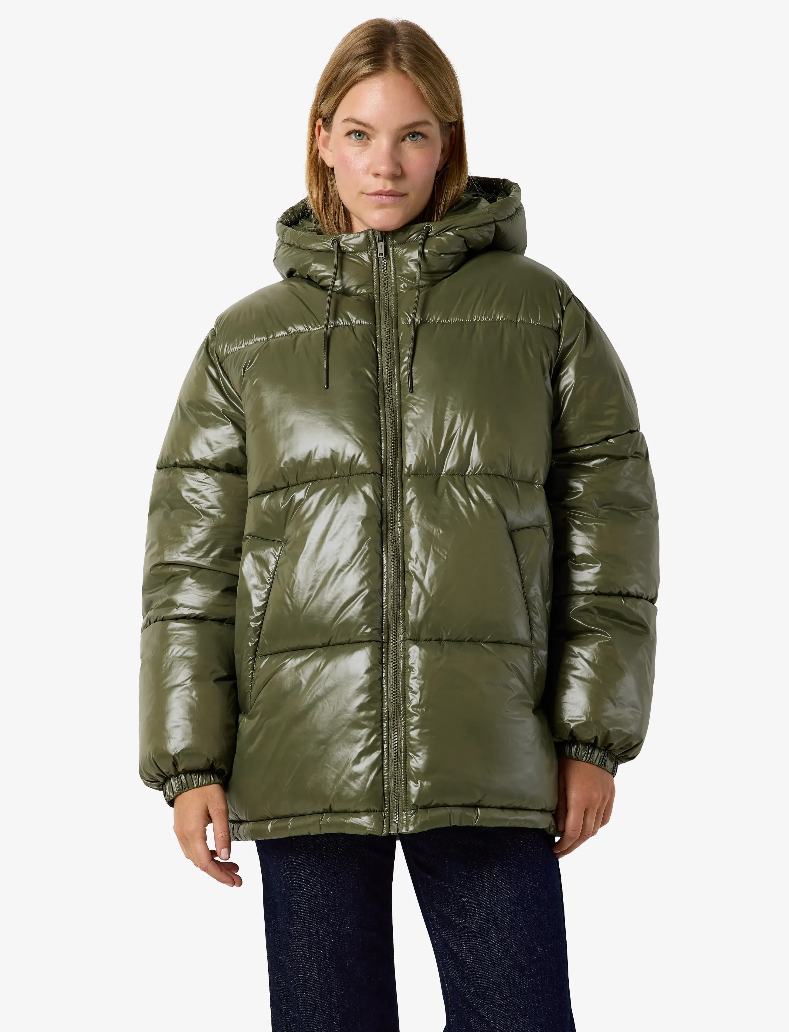 NOISY MAY NMALLIE SHINY HOOD LONG JACKET - NOISY MAY - KALAMATA / khaki/green