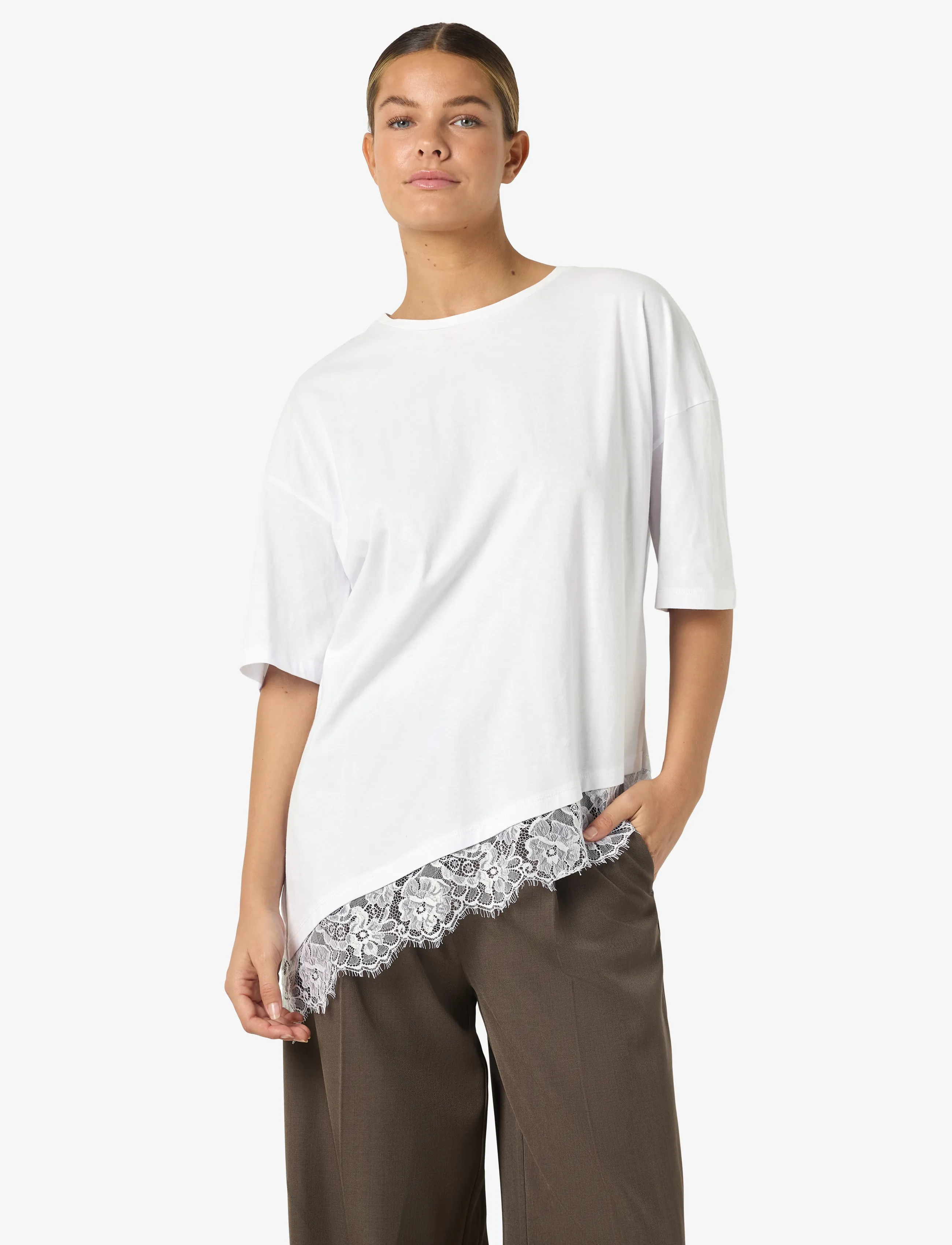 NOISY MAY NMEASY LACE DETAIL S/S T-SHIRT /TNT - T-krekli - BRIGHT WHITE / white