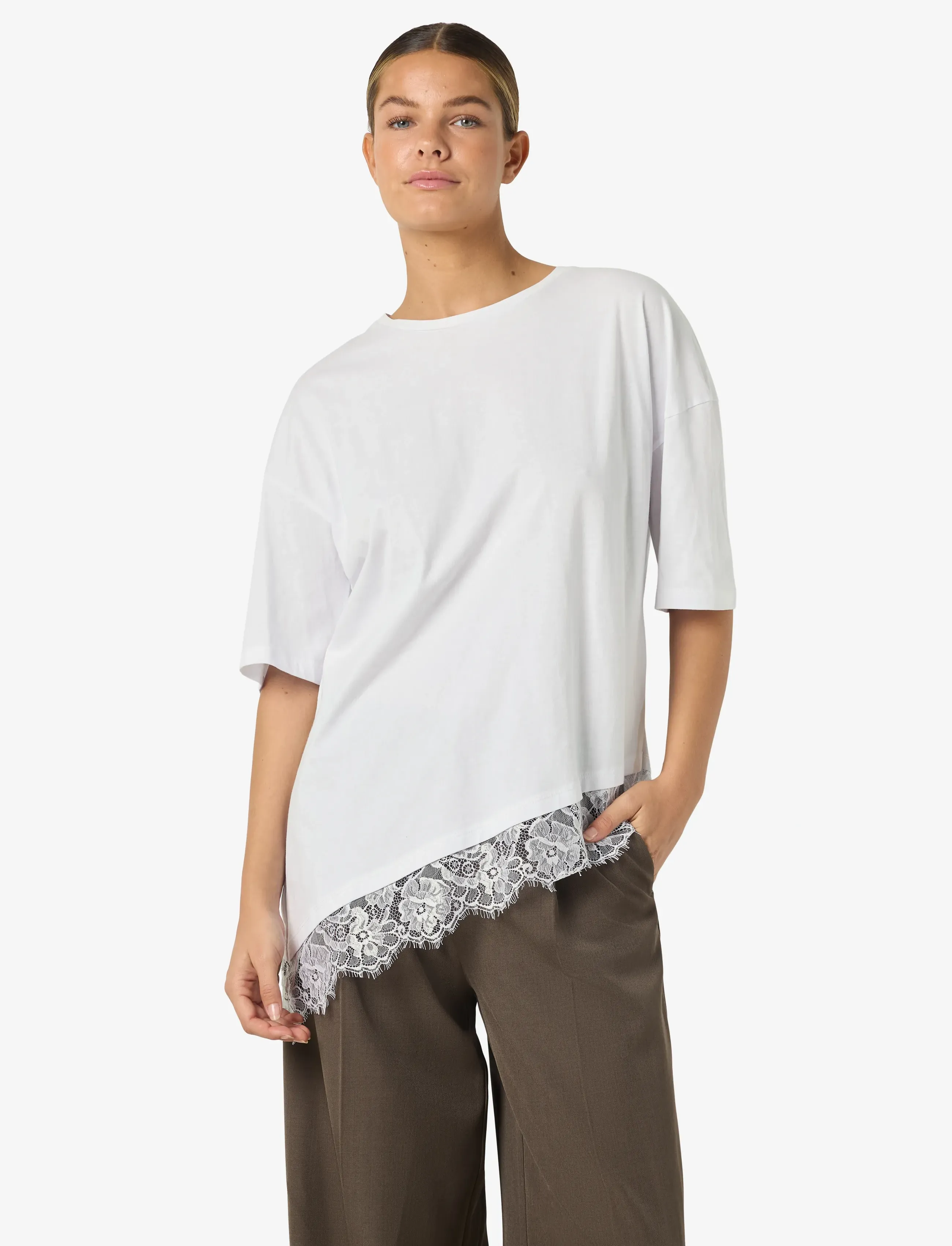 NOISY MAY NMEASY LACE DETAIL S/S T-SHIRT /TNT - T-shirts & Toppar - BRIGHT WHITE / white