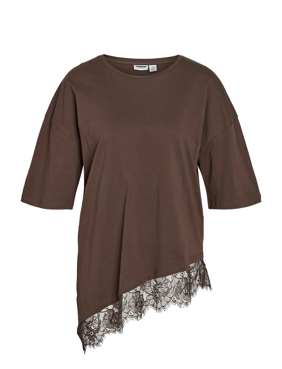 NOISY MAY - NMEASY LACE DETAIL S/S T-SHIRT /TNT - t-shirts - chocolate brown - 1