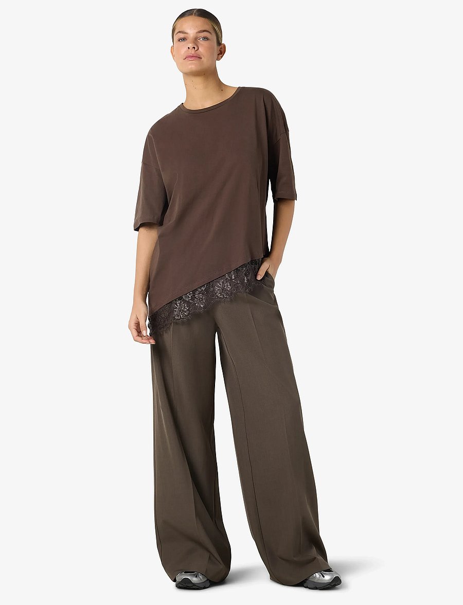 NOISY MAY - NMEASY LACE DETAIL S/S T-SHIRT /TNT - t-shirts - chocolate brown - 2