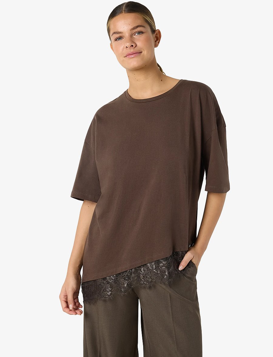 NOISY MAY - NMEASY LACE DETAIL S/S T-SHIRT /TNT - t-shirts - chocolate brown - 4