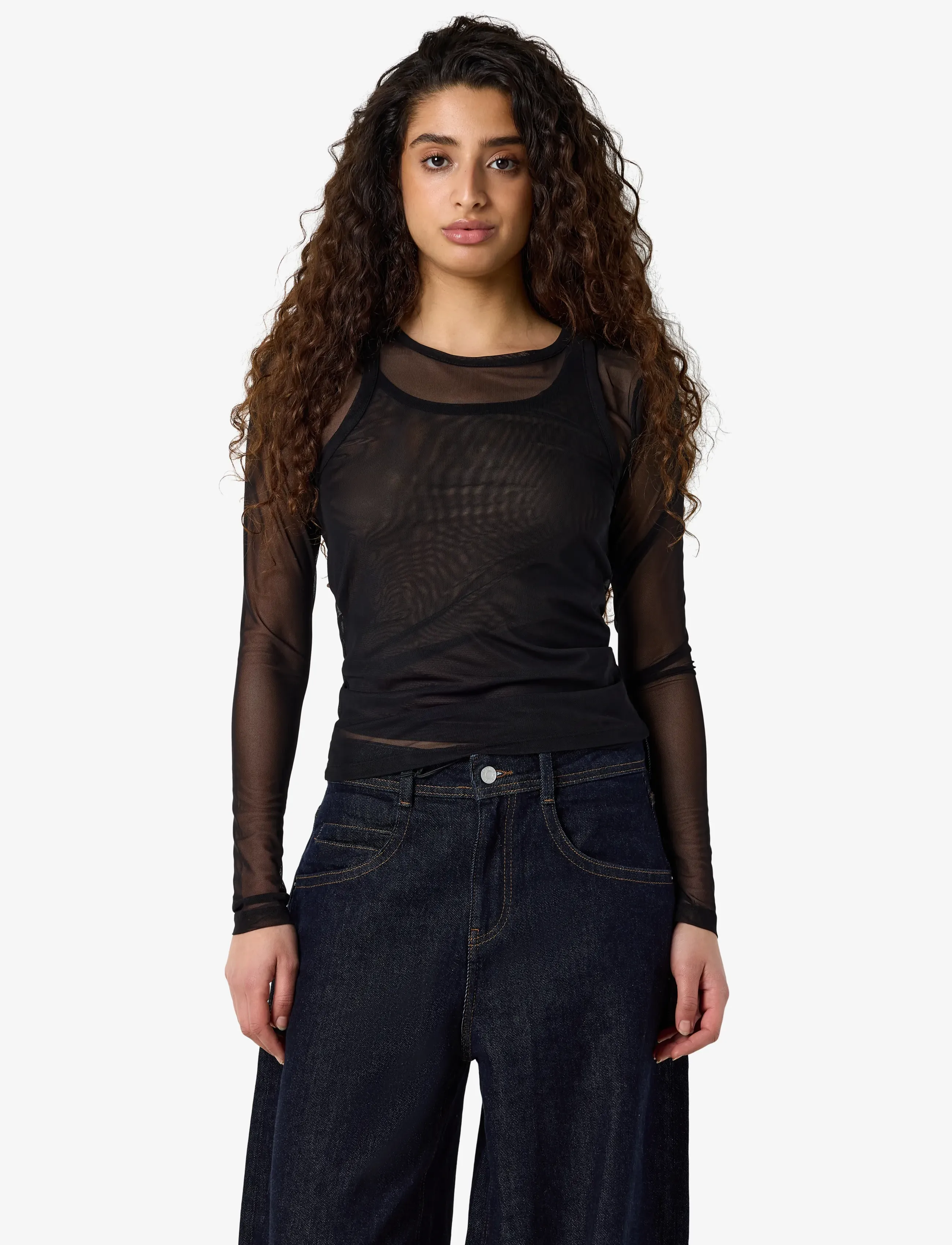NOISY MAY Nmjudith L/S Doublelayer Mesh Top Tnt/14, XS, T-shirts & Oberteile, Schwarz - Long-sleeved, Frauen